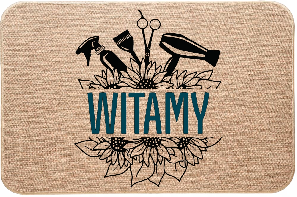 Vstupní lněná rohožka do kadeřnického salonu s potiskem Vítejte