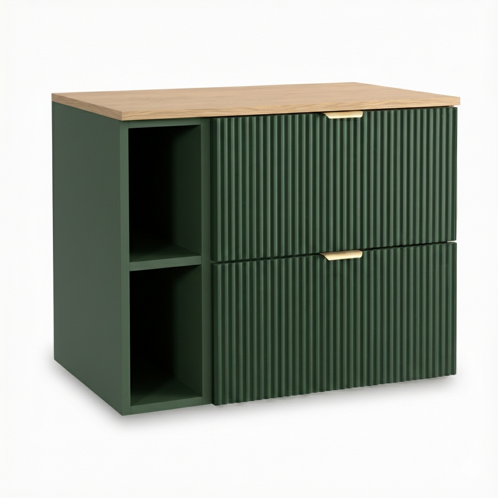 Skříňka pod umyvadlo s regálem, riflíky Šalvěj/Ořech, deska 80 cm Willy