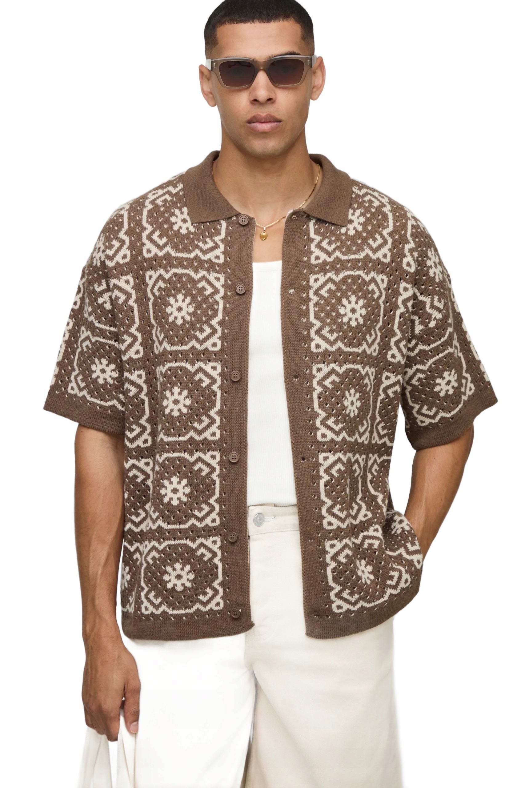 Boohooman Pánská Košile Casual Hnědá Geometrický Vzor L Z3A