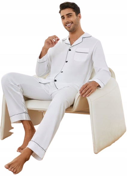 Pánské Bílé Pyžamo Příjemné Na Dotek, Satén Rozepínací, Saténové Pyžamo M