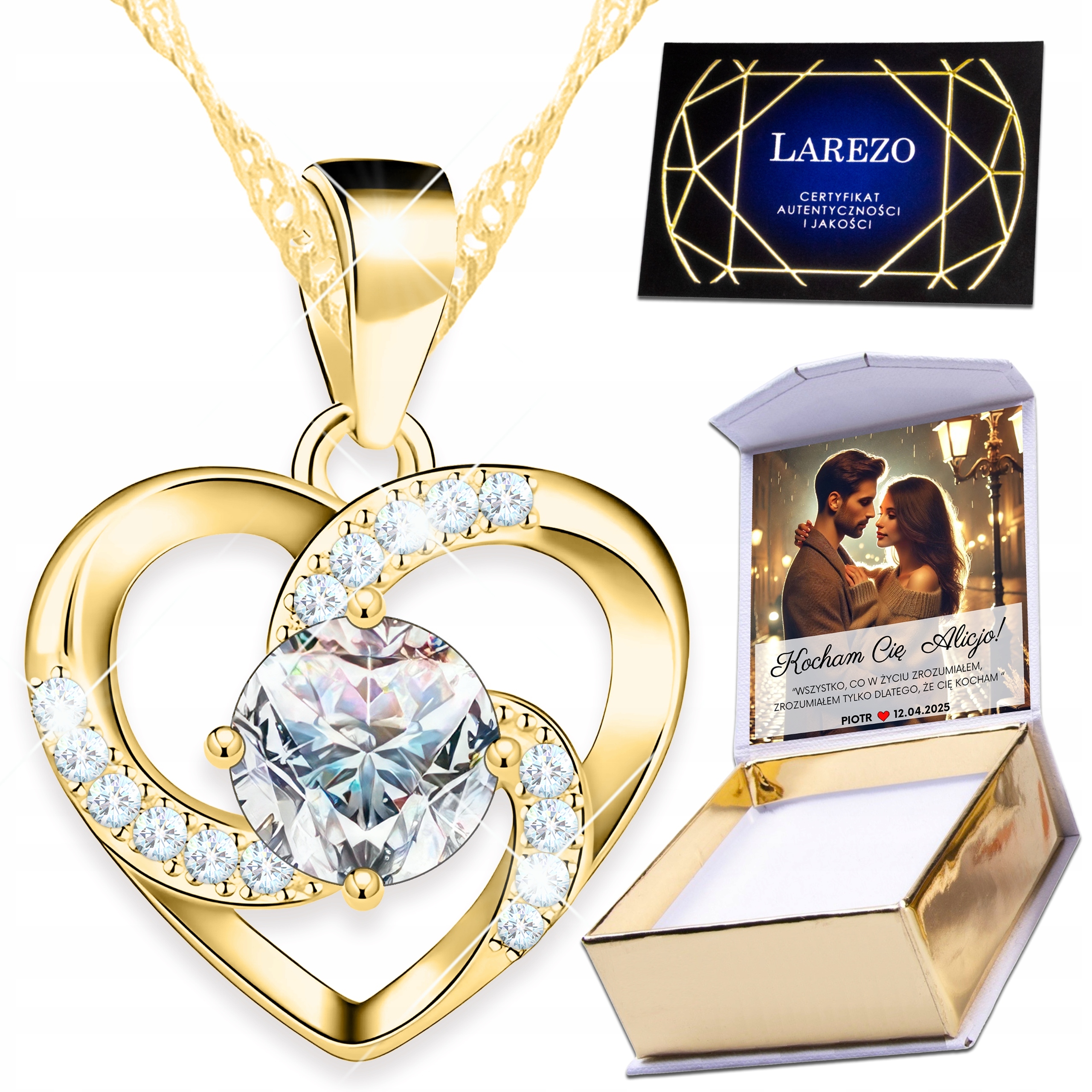 Náhrdelník Zlaté srdce s bílým očkem Zirkon Love Print Stříbro 925