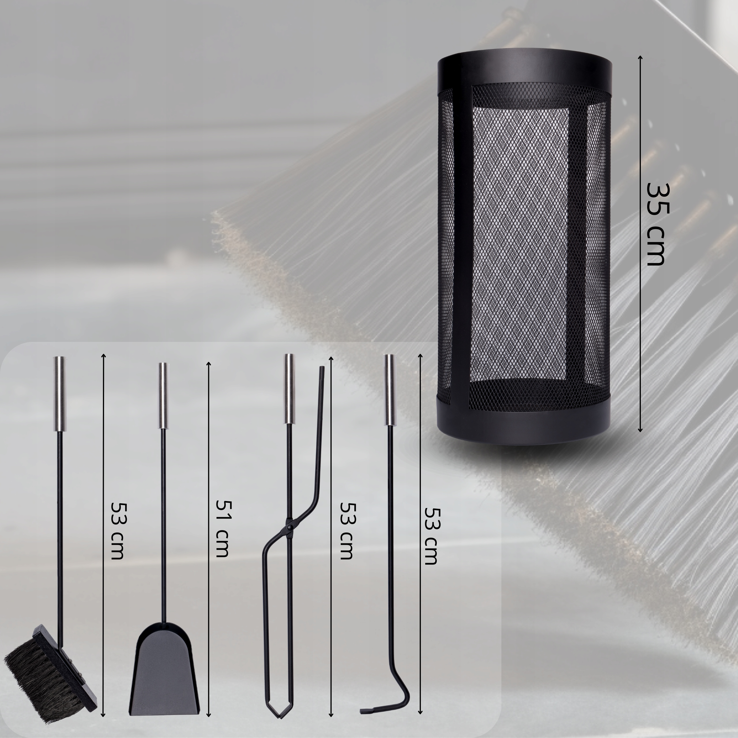 NARZĘDZIA KOMINKOWE ZESTAW AKCESORIA 5 SZTUK + STOJAK KOSZ METALOWY ZMIOTKA EAN (GTIN) 5905884119006