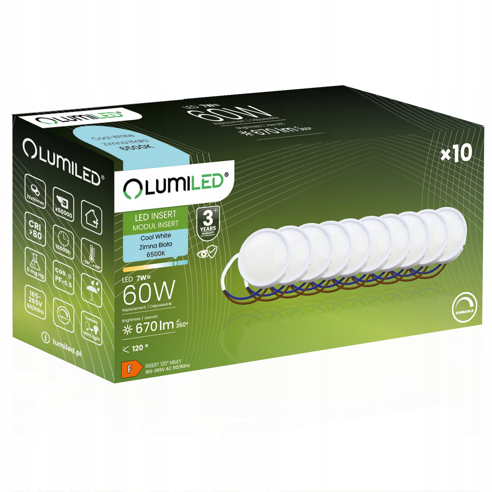 10x Modul Led žárovky Insert 7W 120° 670lm 6500K Studená stmívatelná