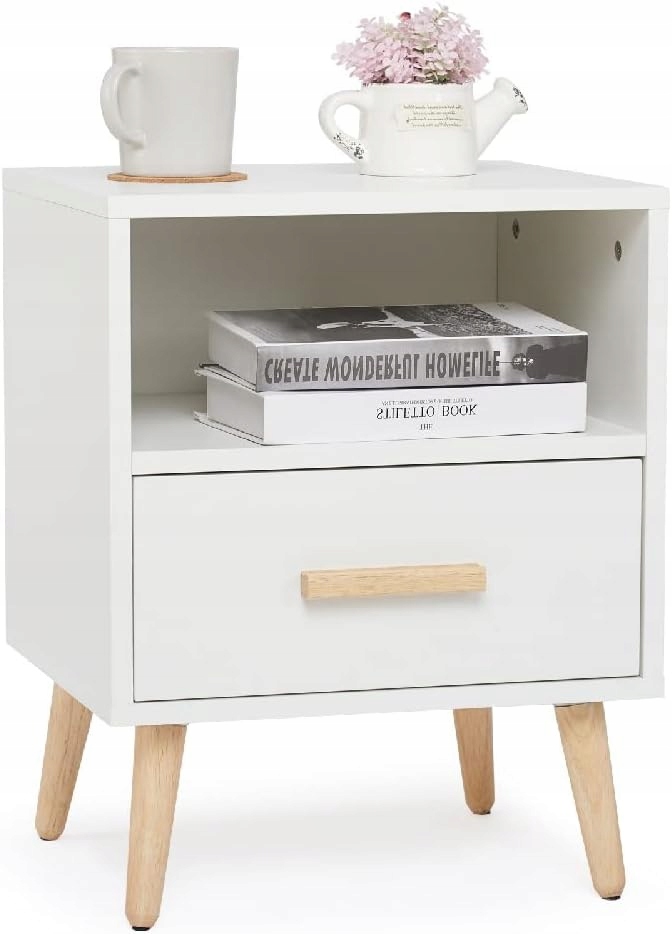 Nočná Skrinka Biely nočný stolík so zásuvkou a poličkou 40 cm Drevené nohy