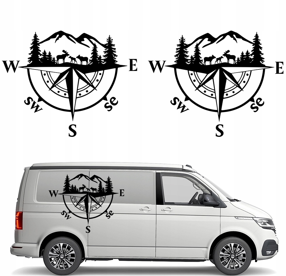 2x Nálepka Grafika na karavan přívěs Růže Větrů Hory Les Losí 45x57