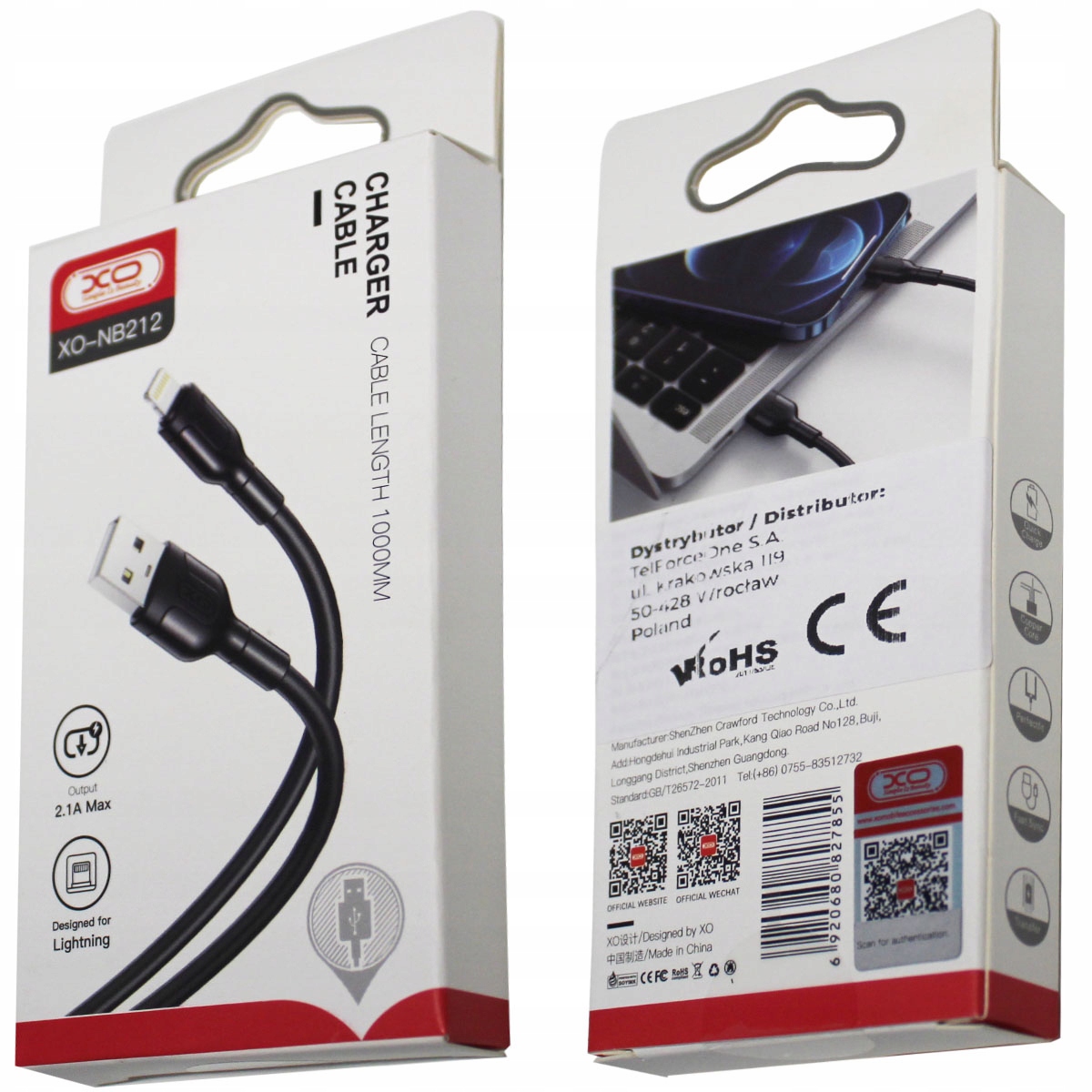 KABEL ŁADUJĄCY USB 1M CHARGER 2,1A XO NB212 LIGHTNING DO TELEFONU Marka Inna