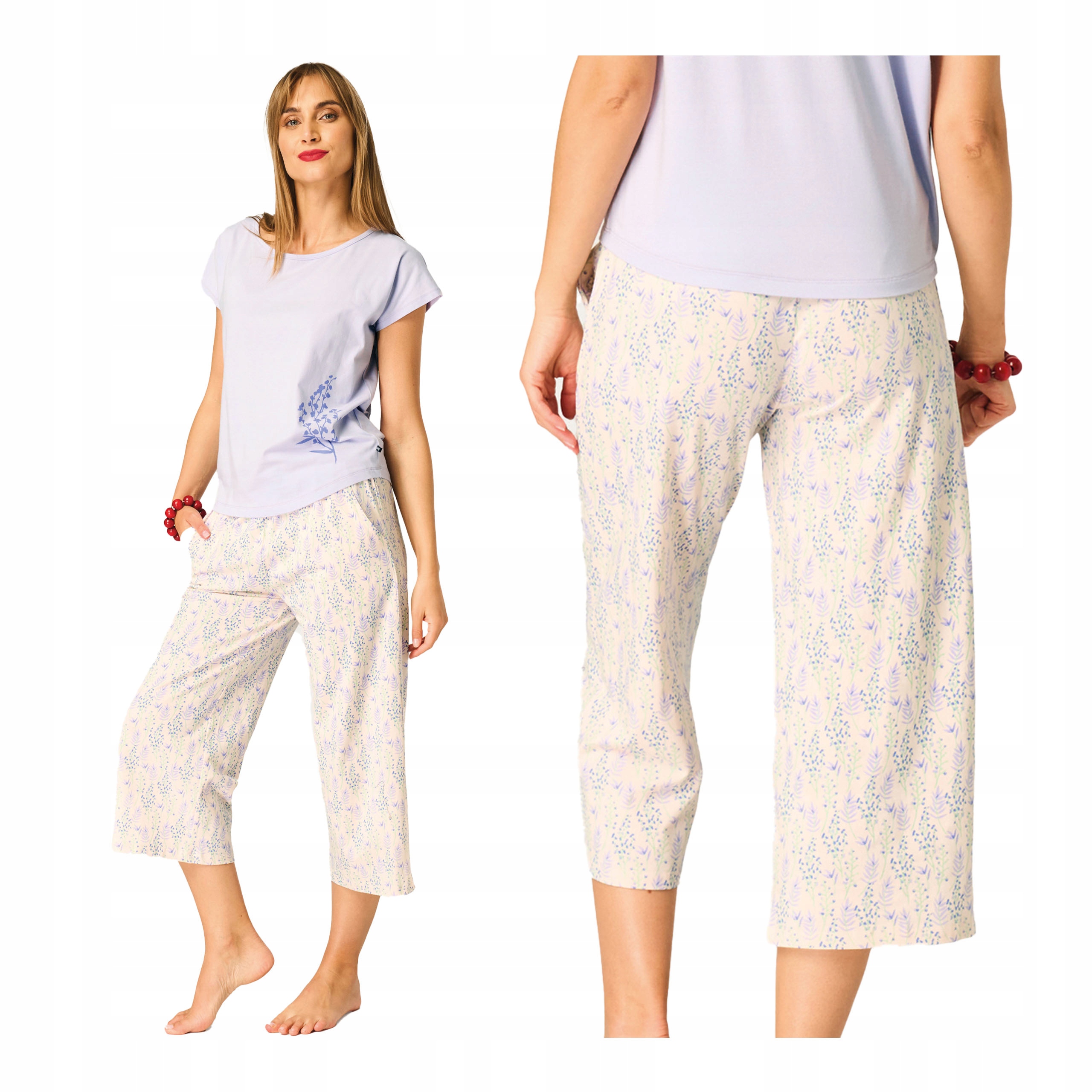 Dámské dvoudílné bavlněné pyžamo s krátkým rukávem, pohodlné kalhoty Key M