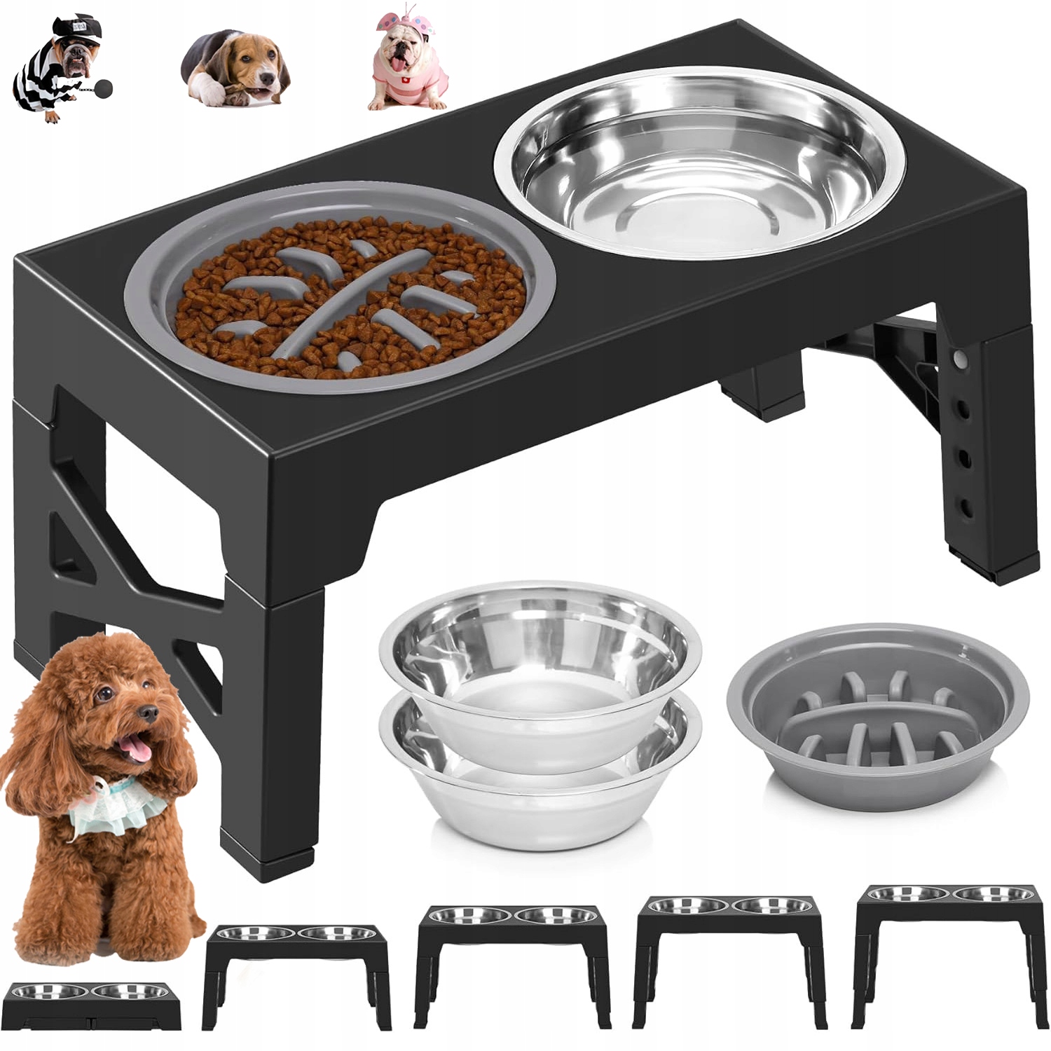 Levně Stolek Na Krmivo Pro Psa Misky Nastavitelný Pevný Snadno Se Čistí Černý