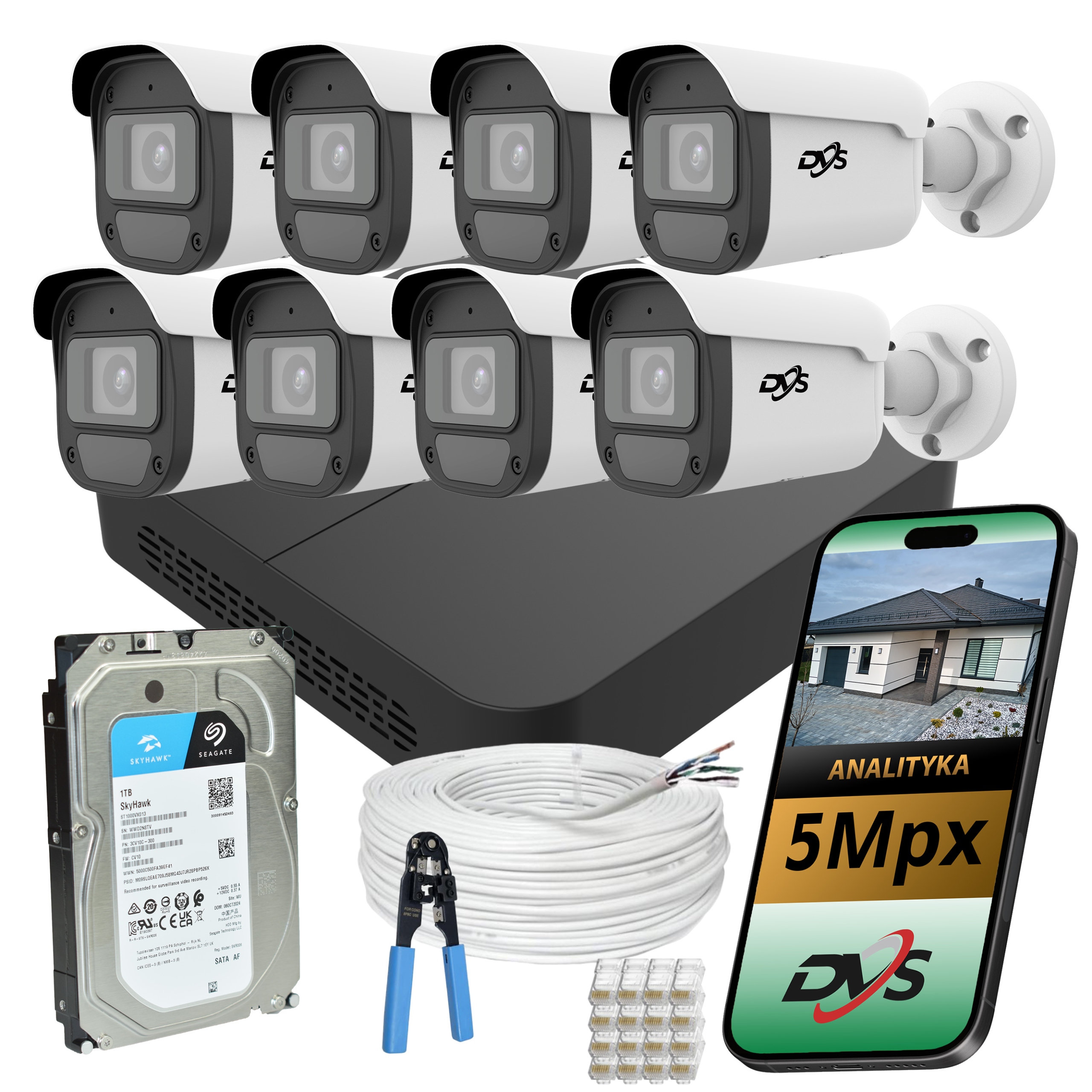Sada na monitorovanie 8 Ip kamier PoE 5Mpx tubusový disk 1TB hala Ai Dvs