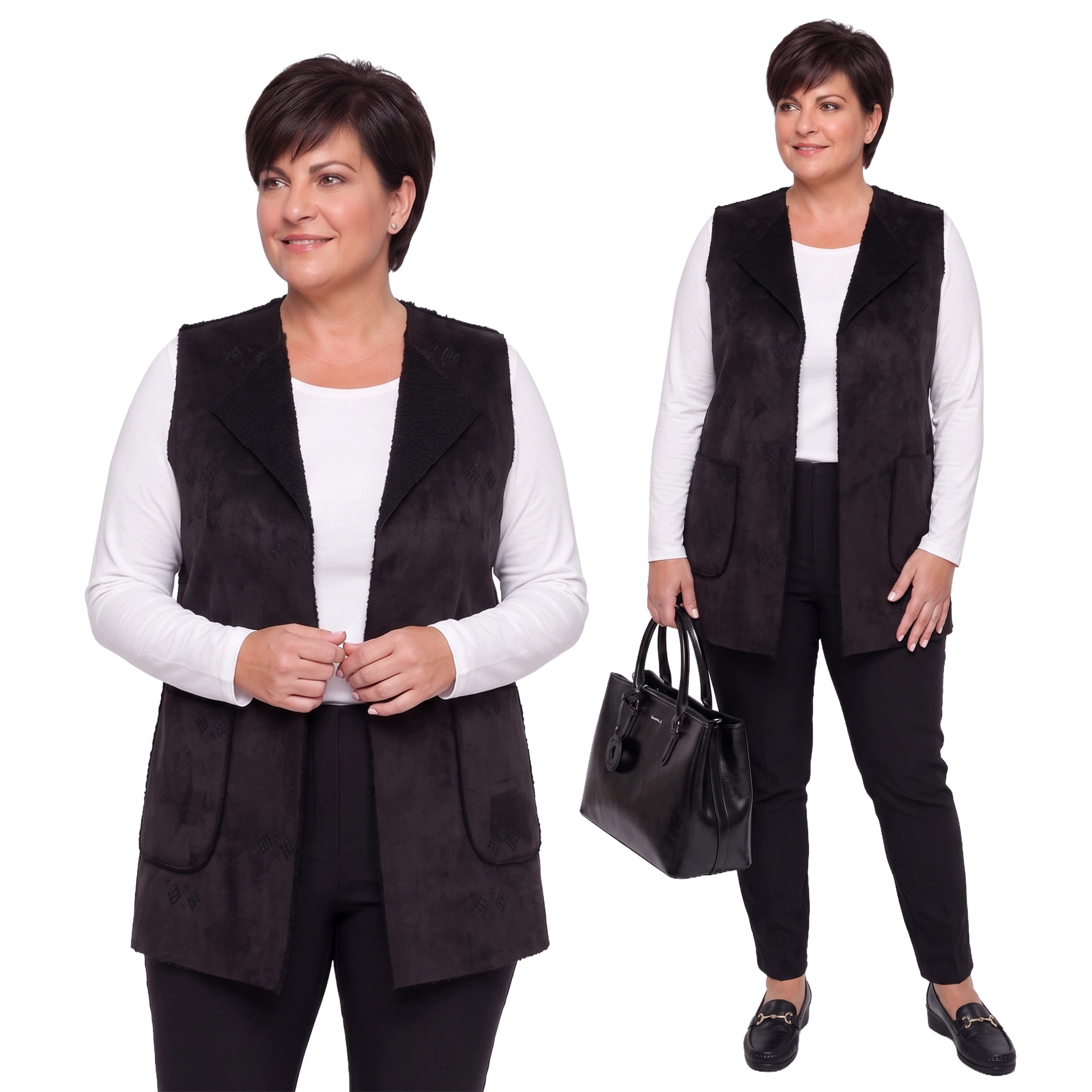 Teplá černá vesta s kapsami plus size velikost 60