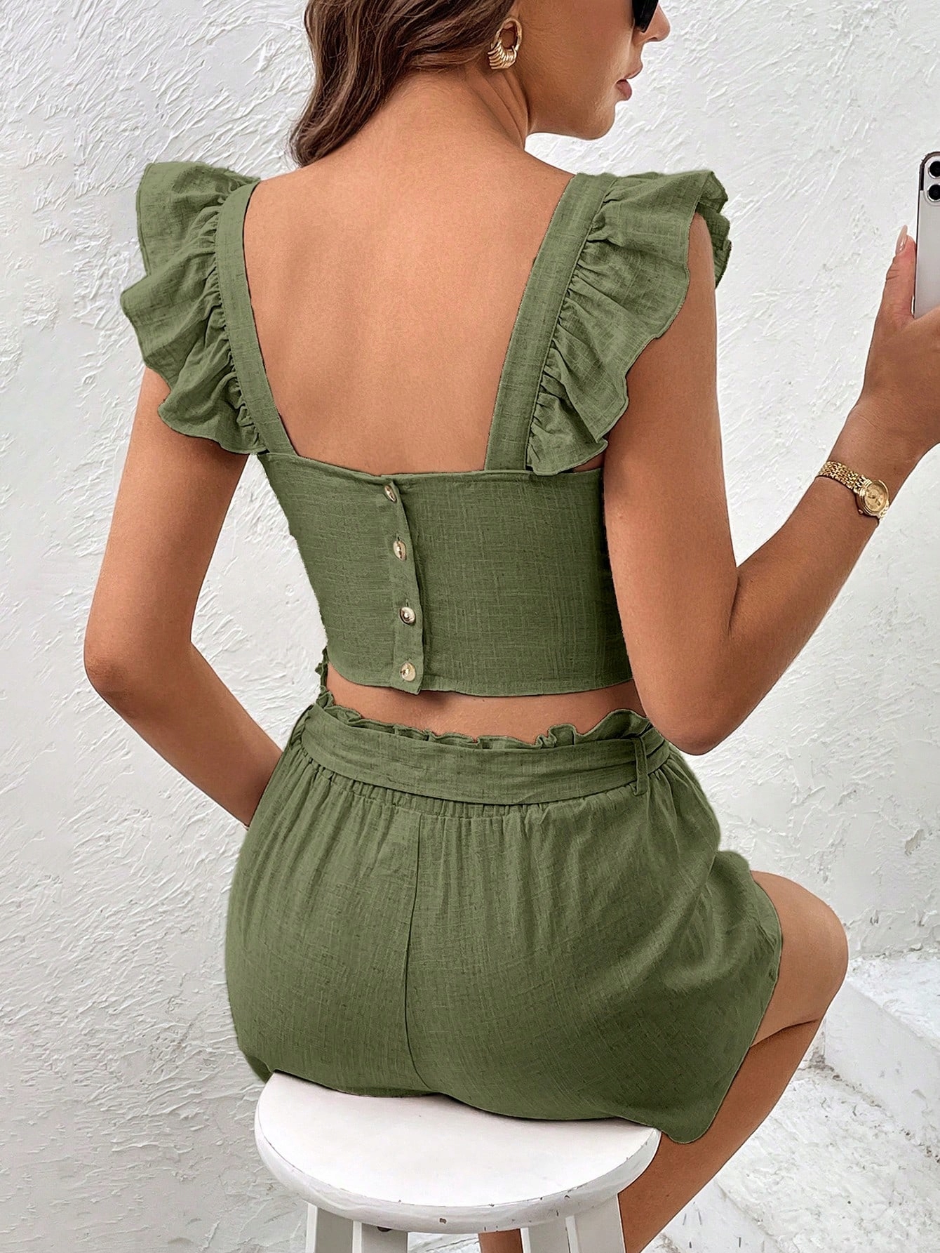 TOP CROP Z DOMIESZKĄ LNU OLIWKOWY Z FALBANKAMI CASUAL SHEIN L 40 Płeć kobieta