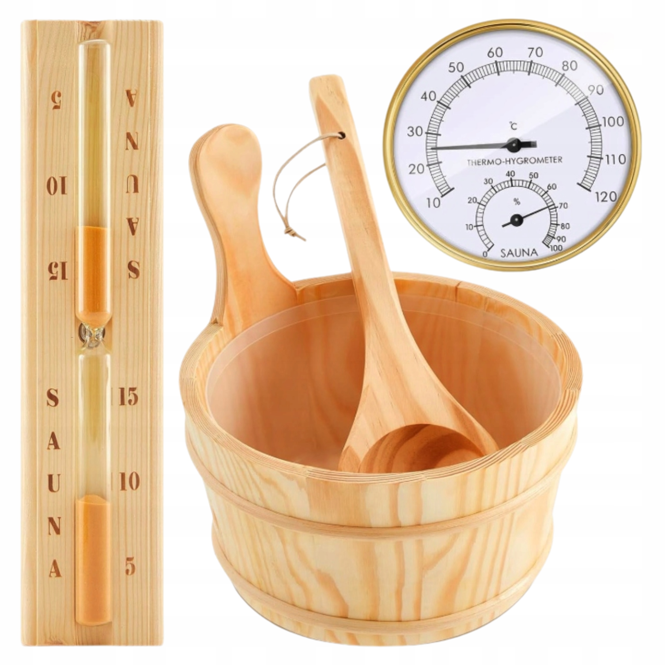 Dřevěná Sada Příslušenství Do Sauny Kbelík Naběračka Teploměr Přesýpací Hodiny