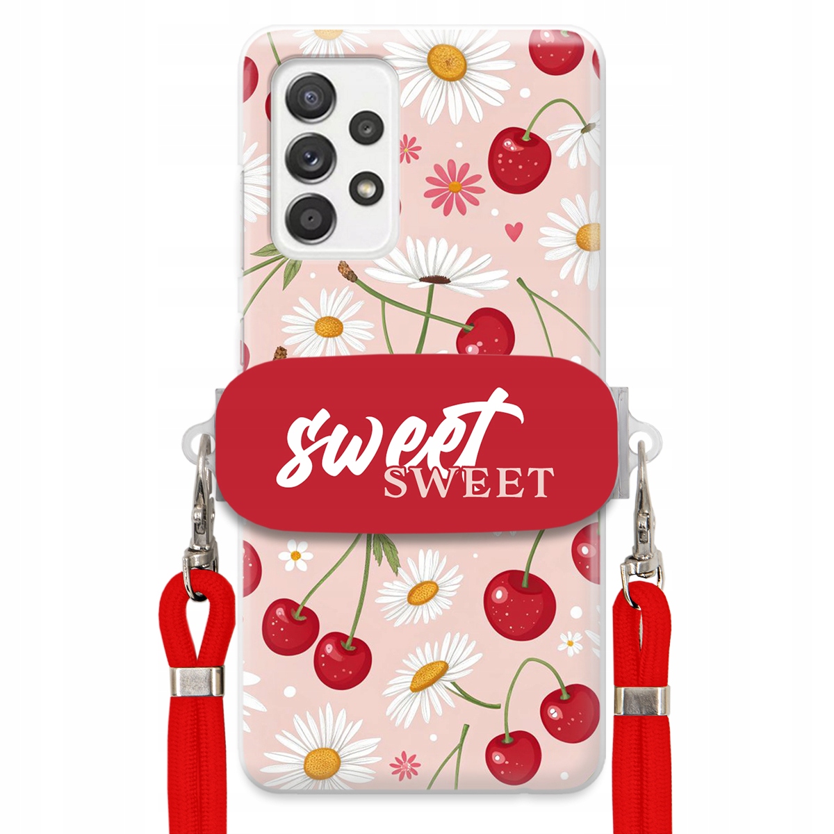 Puzdro pre Samsung A52 4G Červené vodítko Crossbody držiak Sweet Kvet čerešne