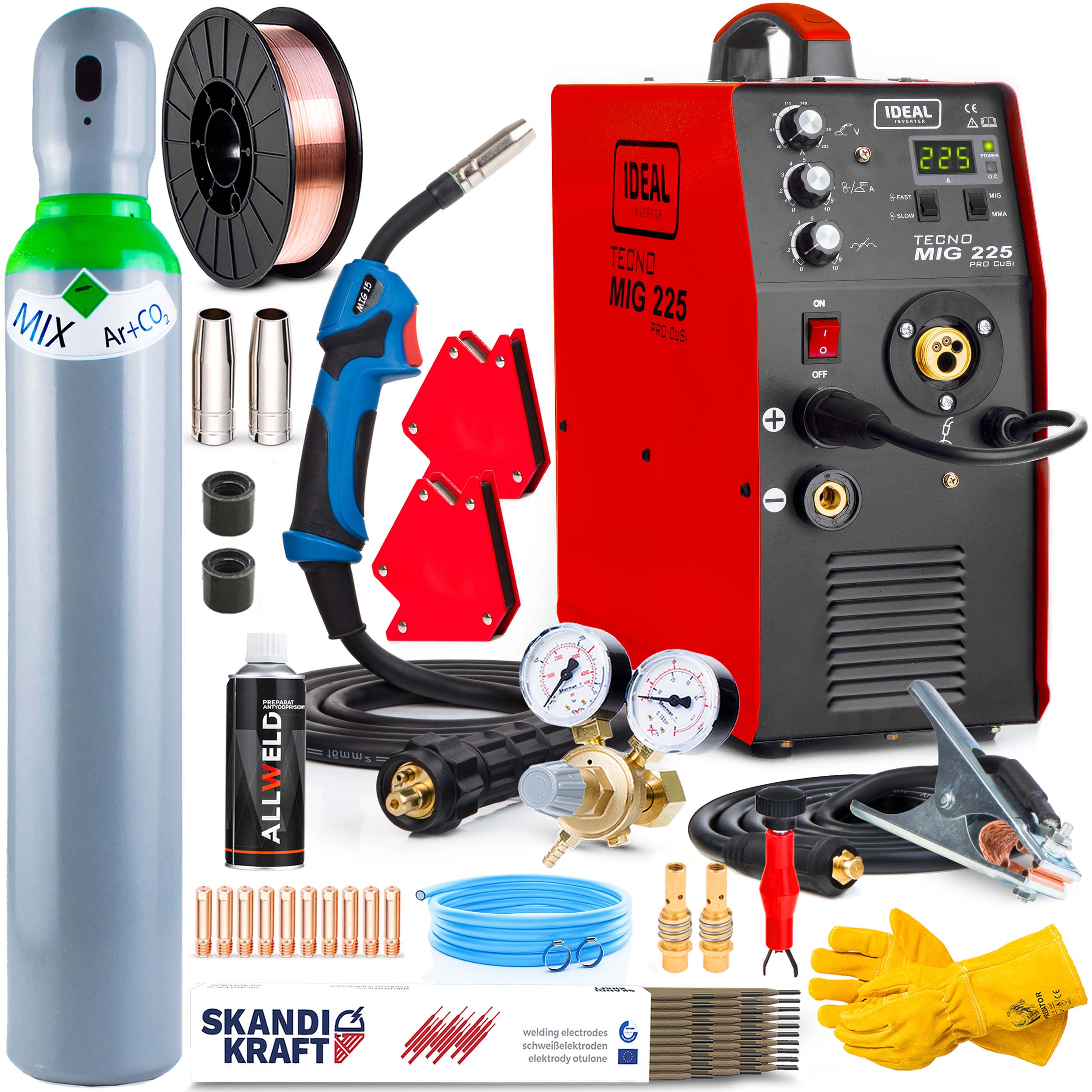 Svařovací Stroj Migomat Ideal Tecno Mig 225 Pro Mag Mma Tig Alu 230V 225A Sada
