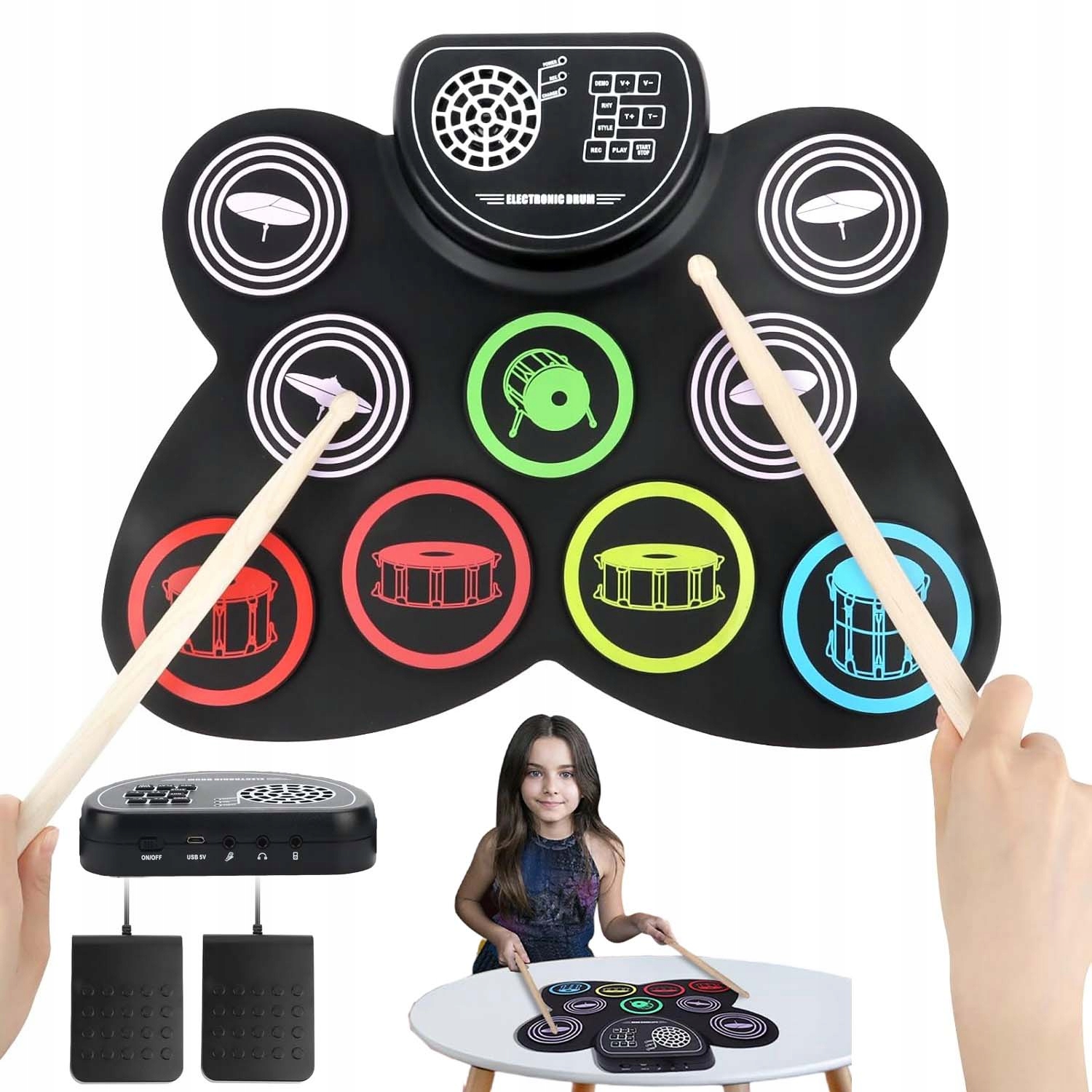 Elektronická Bicí Souprava Rolovací Roll Drum S 2 Pedály, 2 Paličkami, Usb Kabel