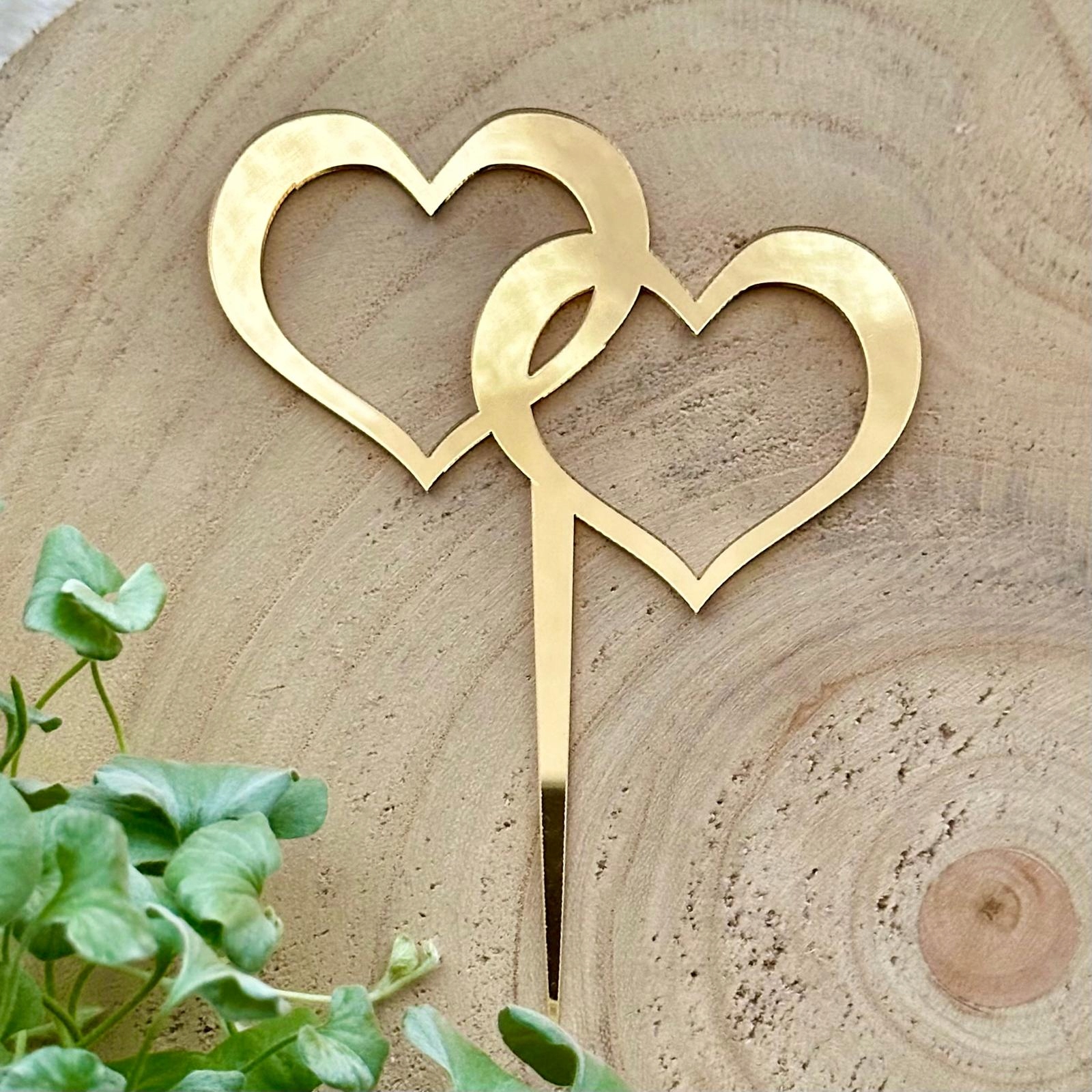 Serca połączone topper ślub wesele tort ZŁOTE PLEXI LUSTRO 9cm