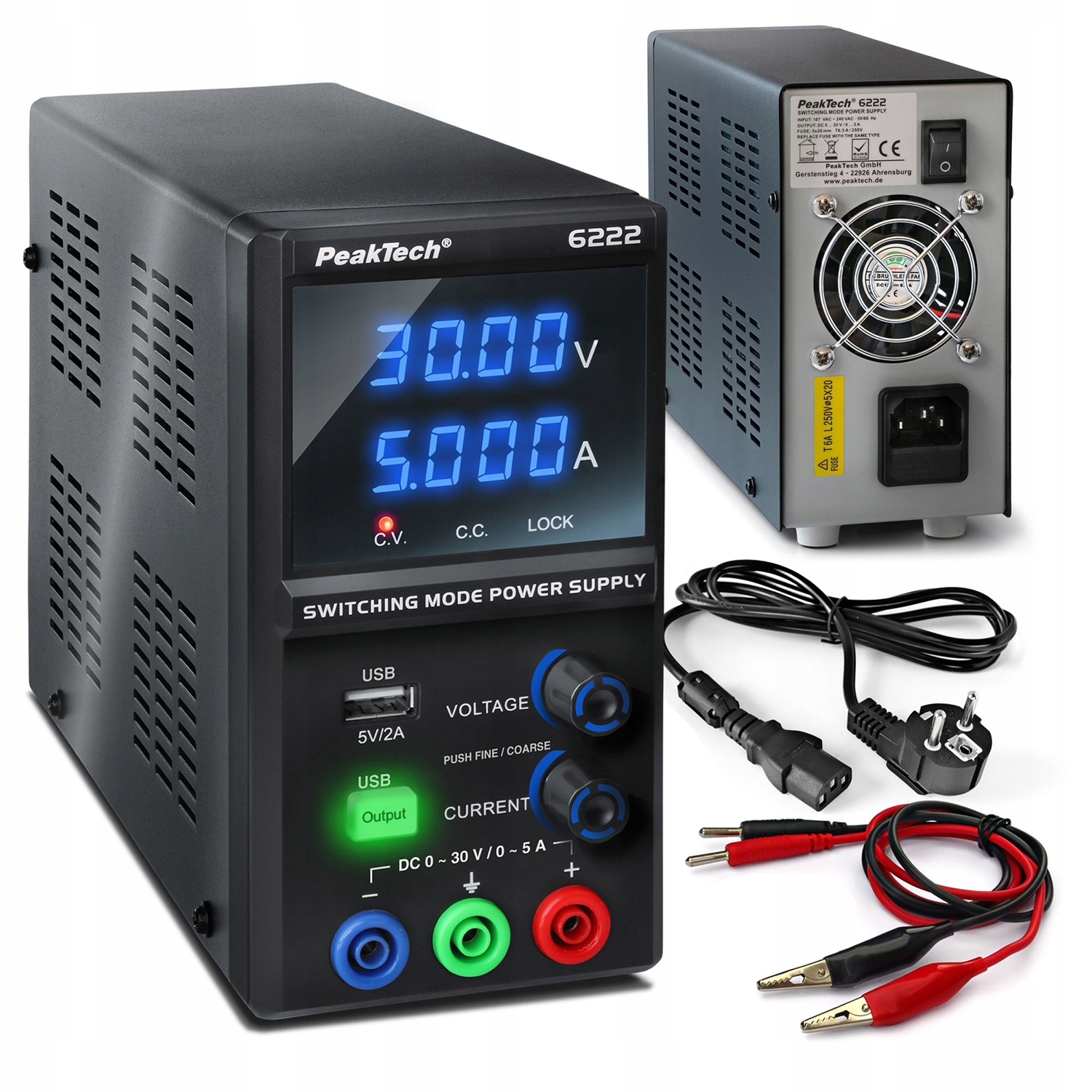 Impulsní laboratorní napájecí zdroj DC 0-30V 5A PeakTech P6222 Led přesný