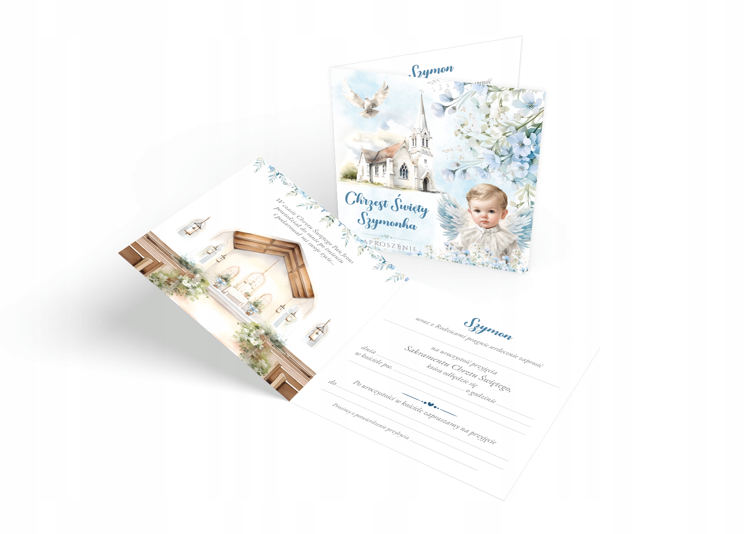 ZAPROSZENIA NA CHRZEST DLA CHŁOPCA + IMIĘ + KOPERTA SŁODKI ANIOŁEK DZIDZIUŚ Kolor dominujący wielokolorowy