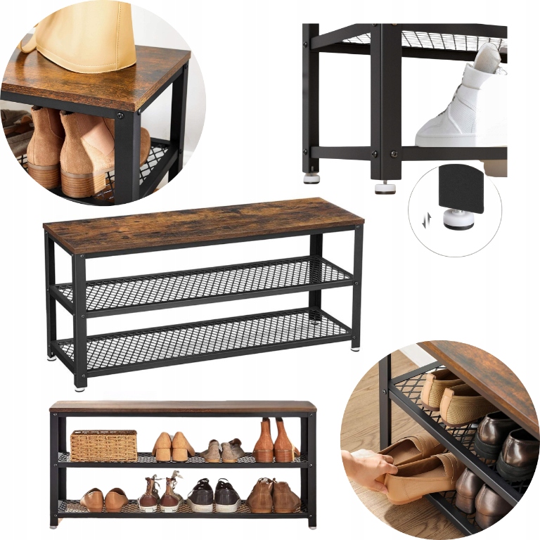 Lavica Skrinka na topánky Loft Kovový rám Regál s dreveným sedadlom