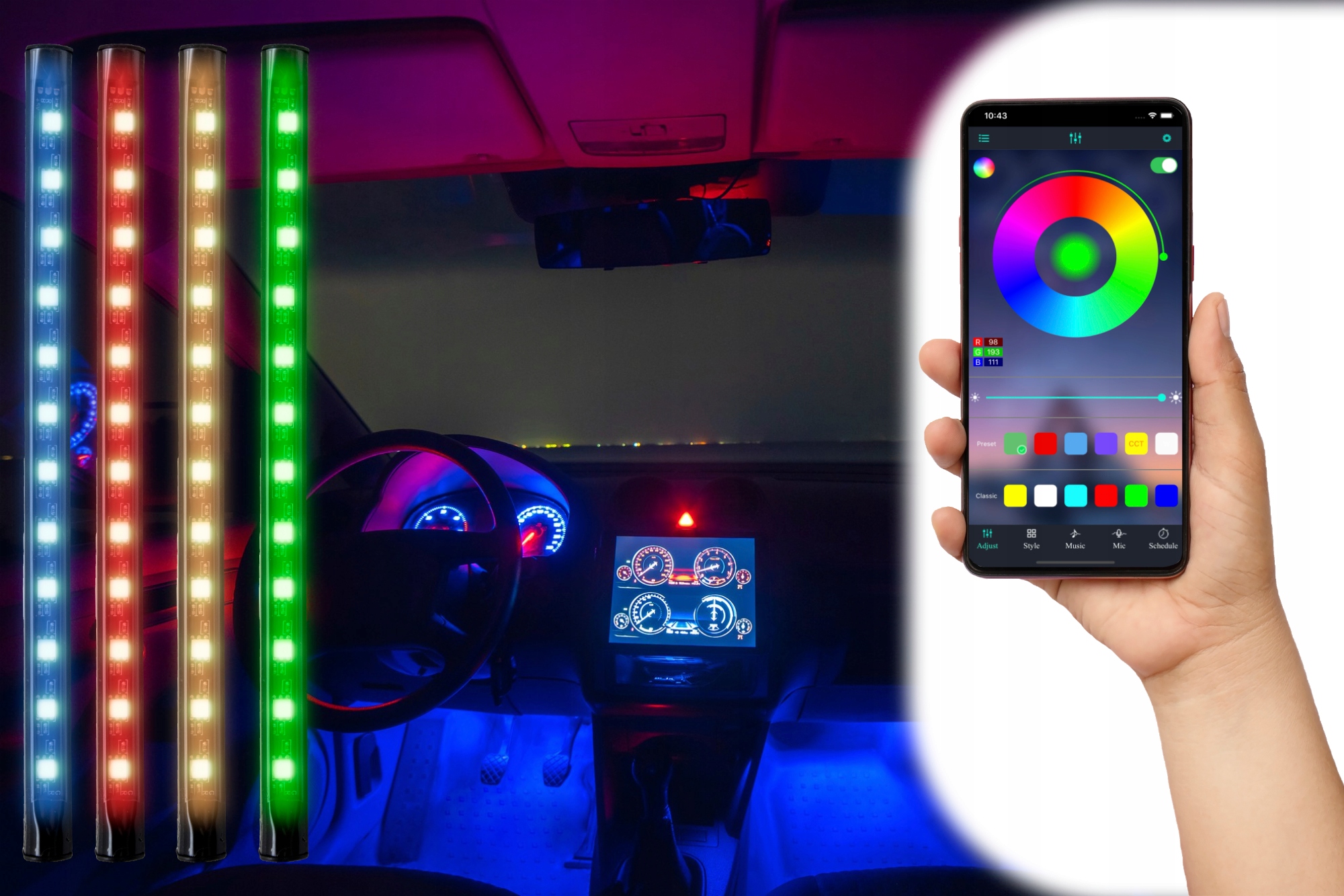 OŚWIETLENIE WNĘTRZA AUTA LED POJAZDU RGB USB APPKA (IN345) Strona zabudowy przód + tył