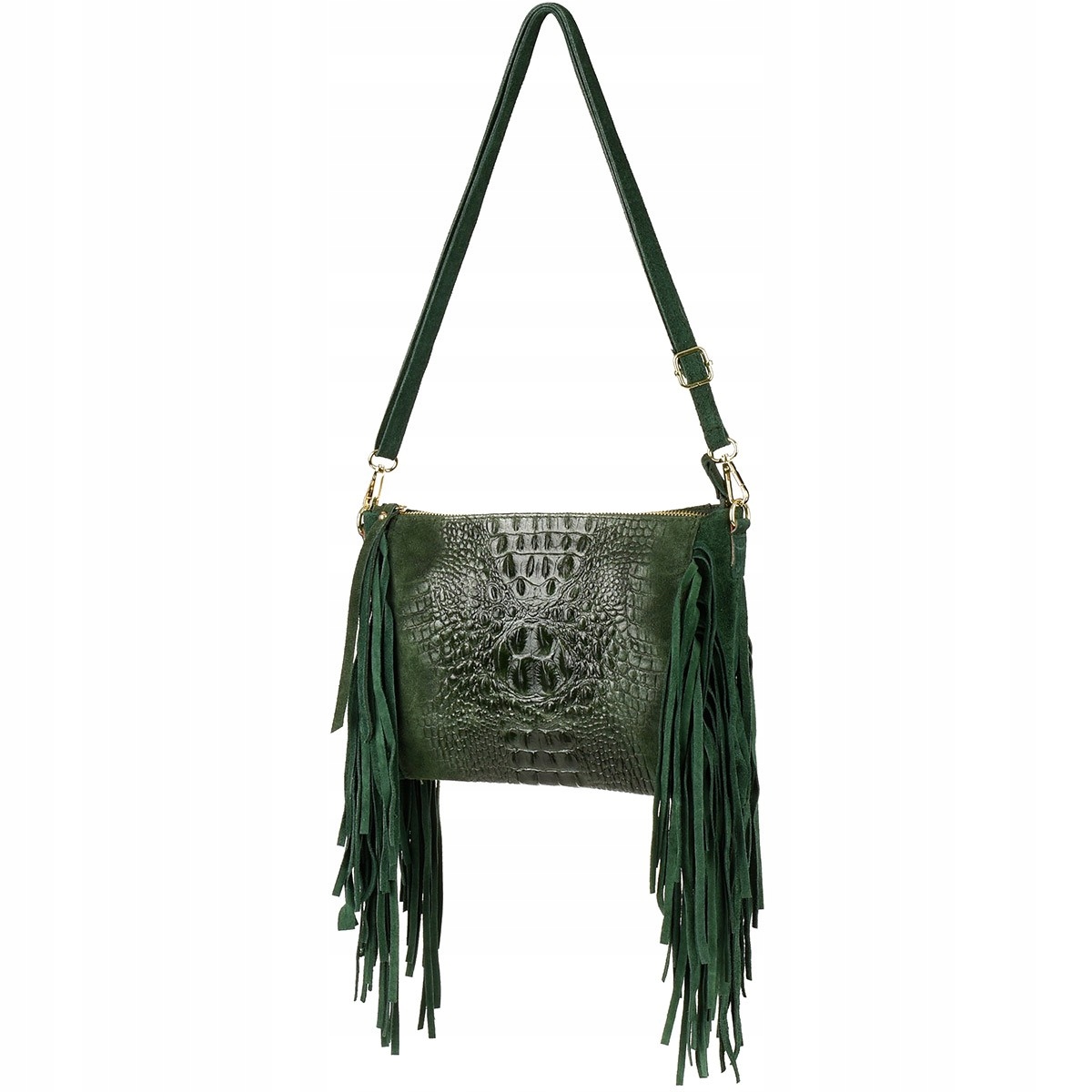Tmavě zelená dámská italská kožená kabelka s horizontálními třásněmi Z24