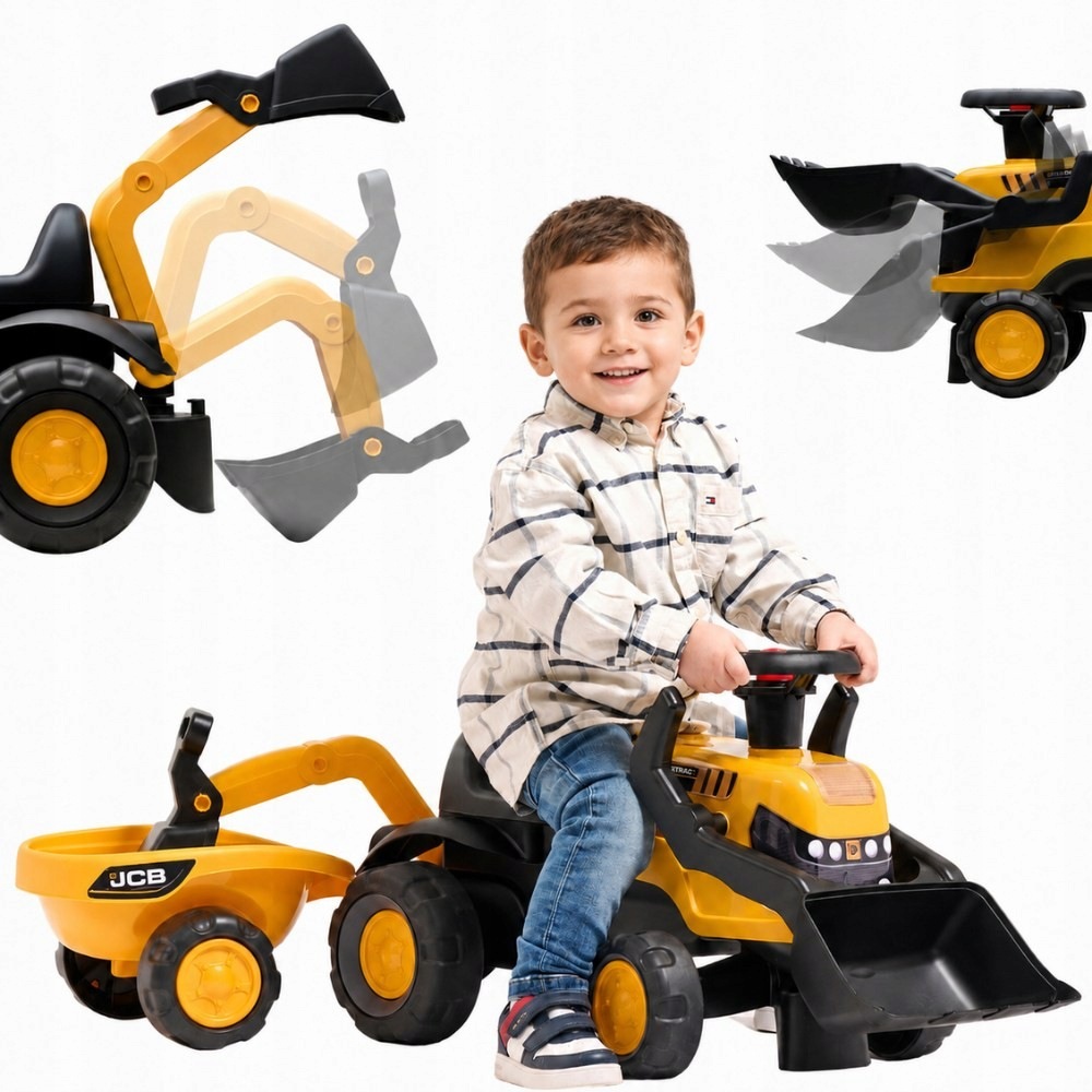 Falk Jeździk Traktor Jcb z Przyczepą Grabkami i Łopatką Ciche Koła 1-3 lat
