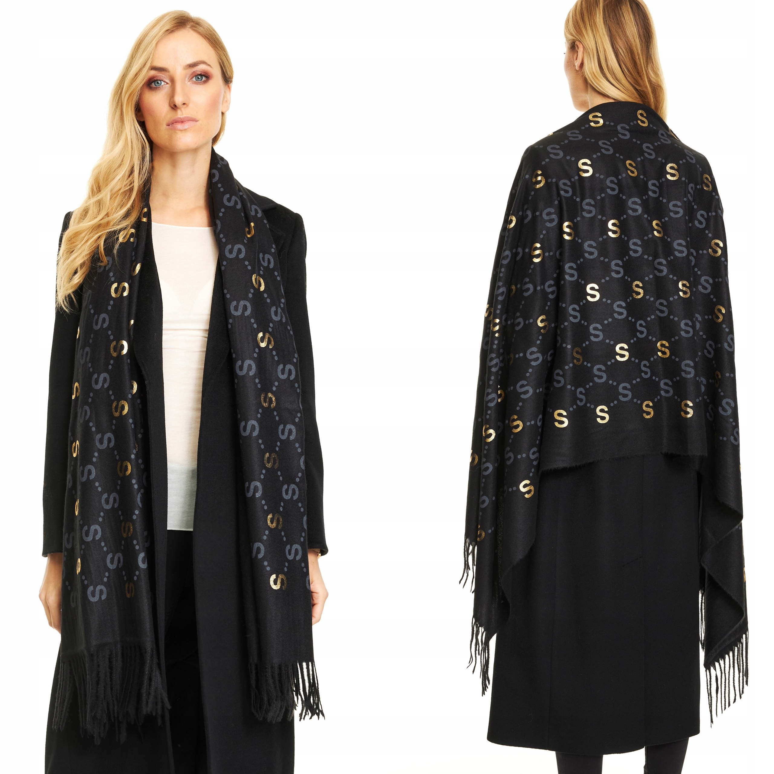 

Szal Szalik Damski ciepły długie frędzle czarny