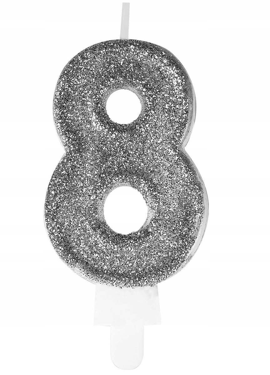ŚWIECZKA URODZINOWA BROKATOWA CYFERKA 8 SREBRNA cyfra urodziny