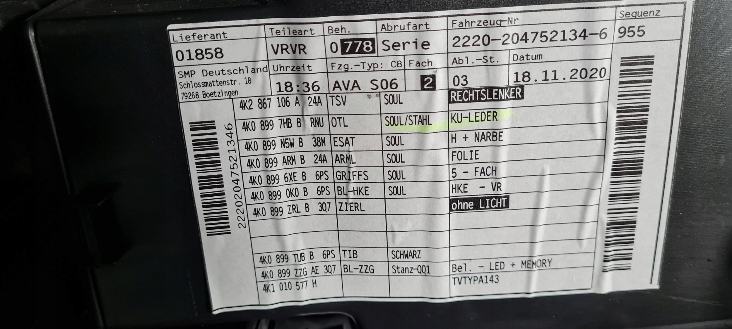 A6 C8 4K дверные карты правый правая перед англия 4K2867106A