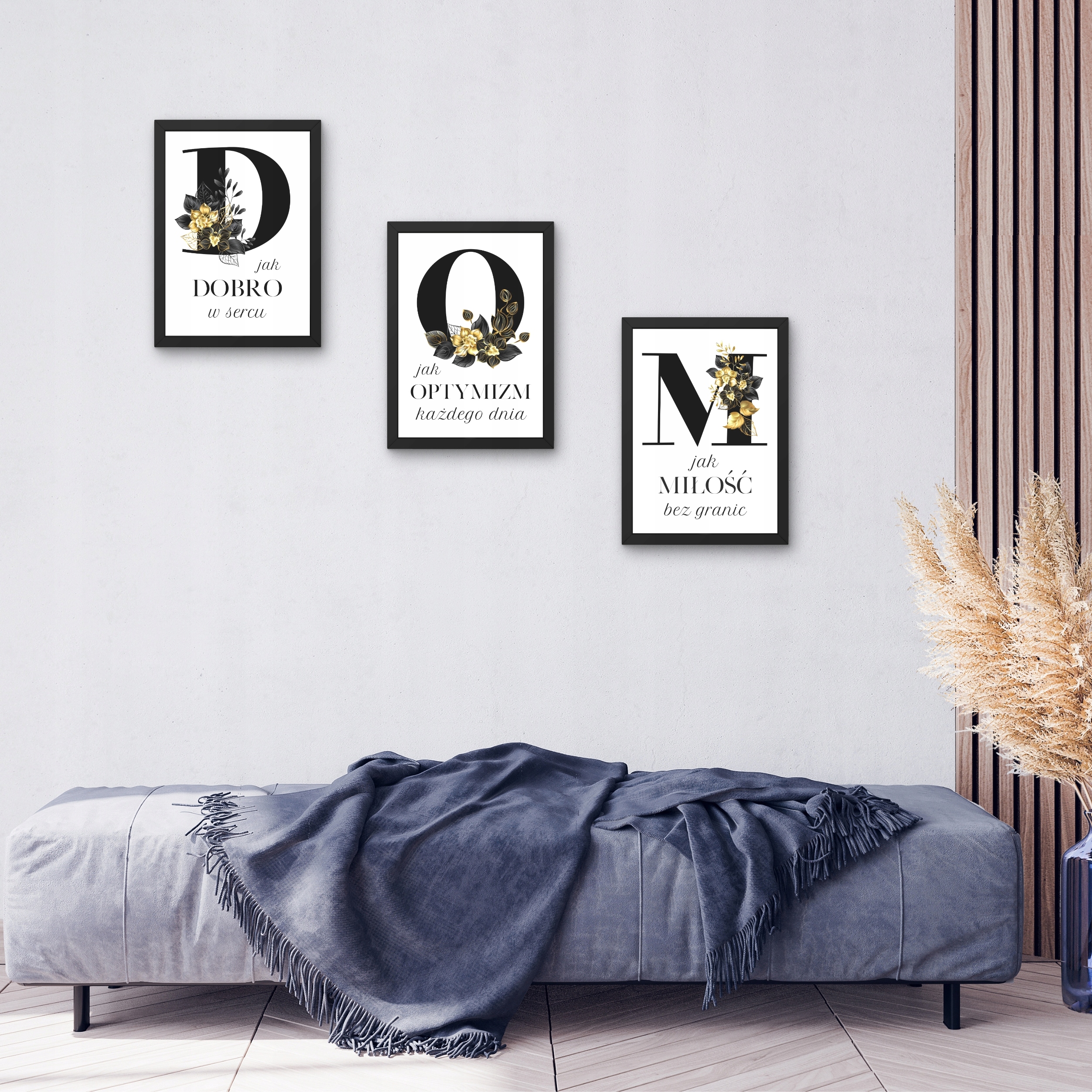 OBRAZY NA ŚCIANĘ KWIATY ZŁOTO CZARNE DEKORACJE ŚCIENNE TRYPTYK DO SALONU Format pionowy