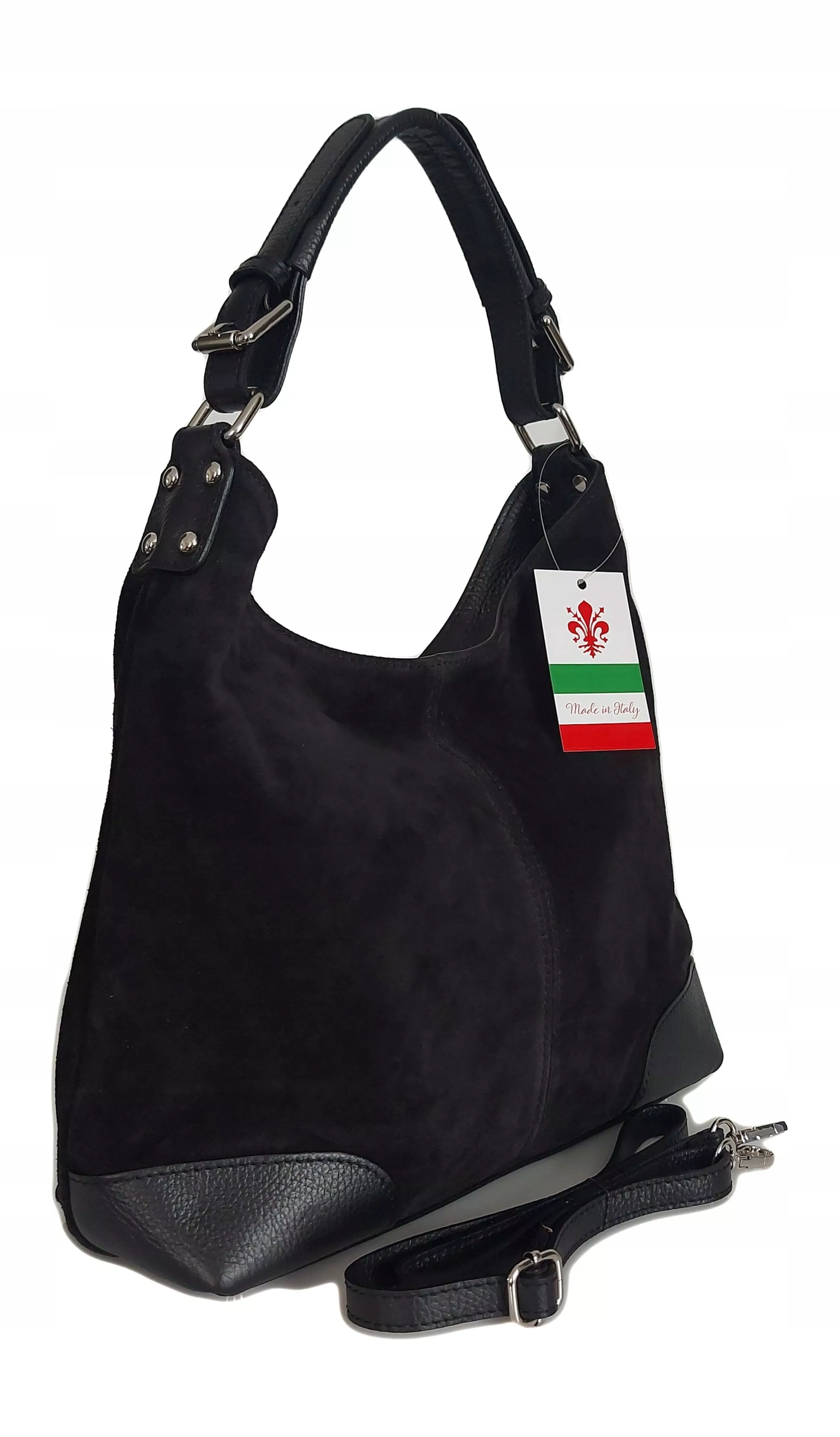 Prostorná Italská Kožená Taška Přes Rameno, Měkký Semiš, Černá Barva