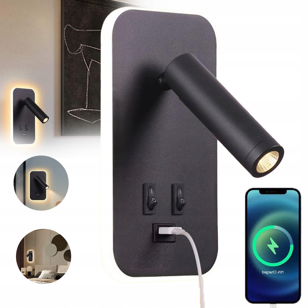 Led Nástěnná Lampa Na Čtení S Usb Nabíjením, Nastavitelná O 330°, Moderní