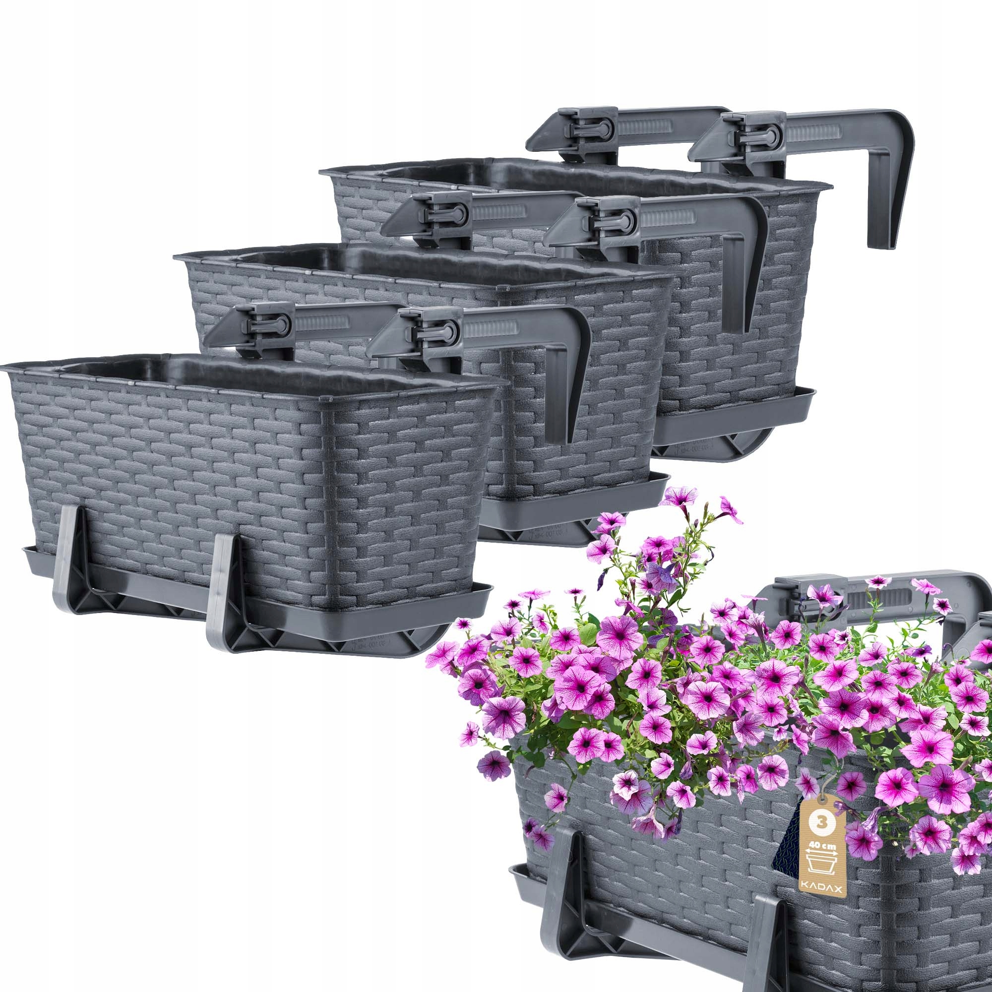 

Kadax 3x Skrzynka Balkonowa 40cm Uchwyty Grafitowa