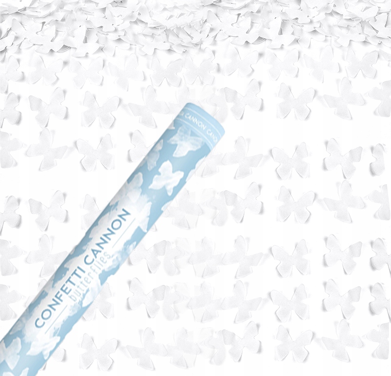 Tuba strzelająca Konfetti białe motylki 60 cm Urodziny Ślub Komunia Chrzest