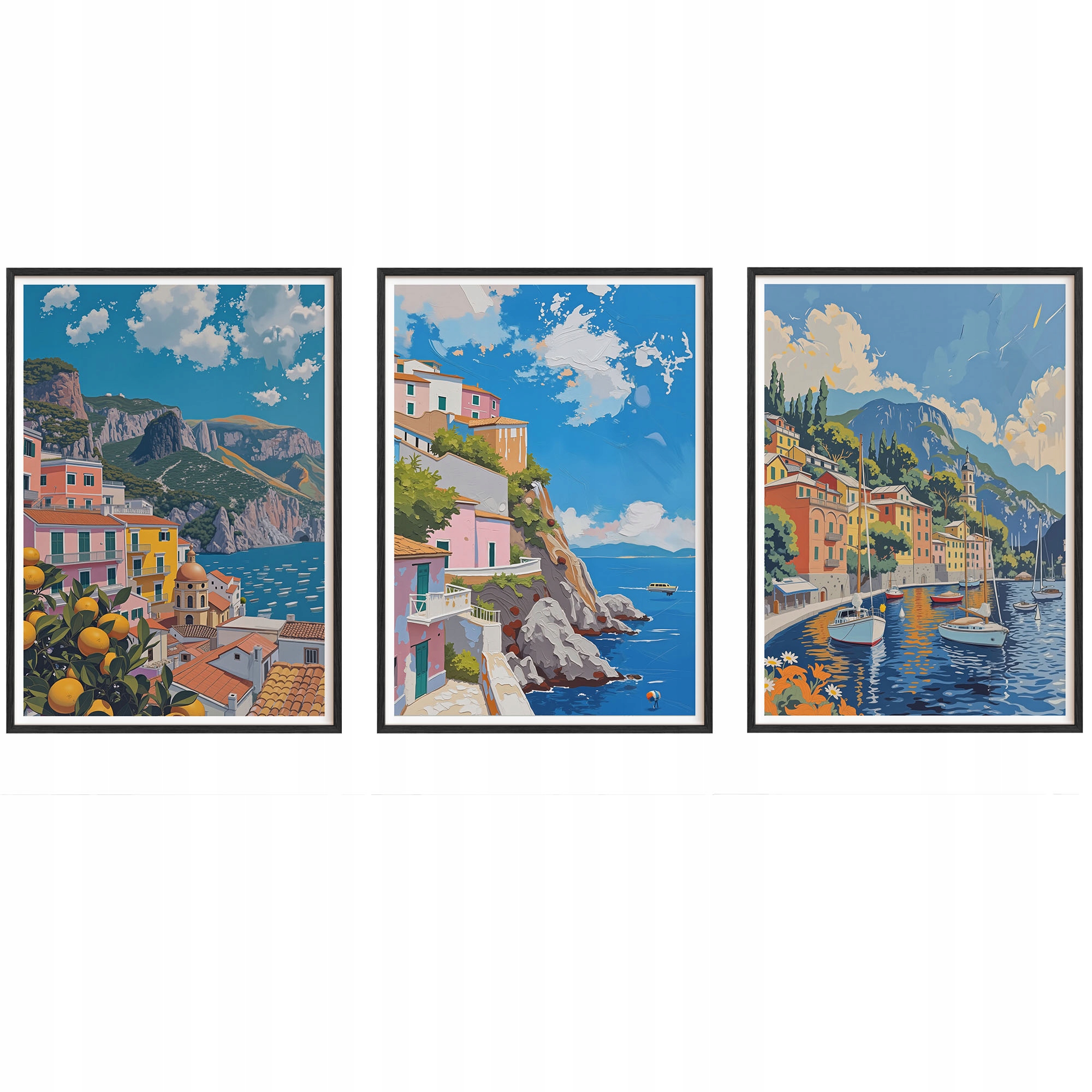 Obrazy Stredomorské mestá Plagáty Drevené rámy Čierne 3ks 30x42cm