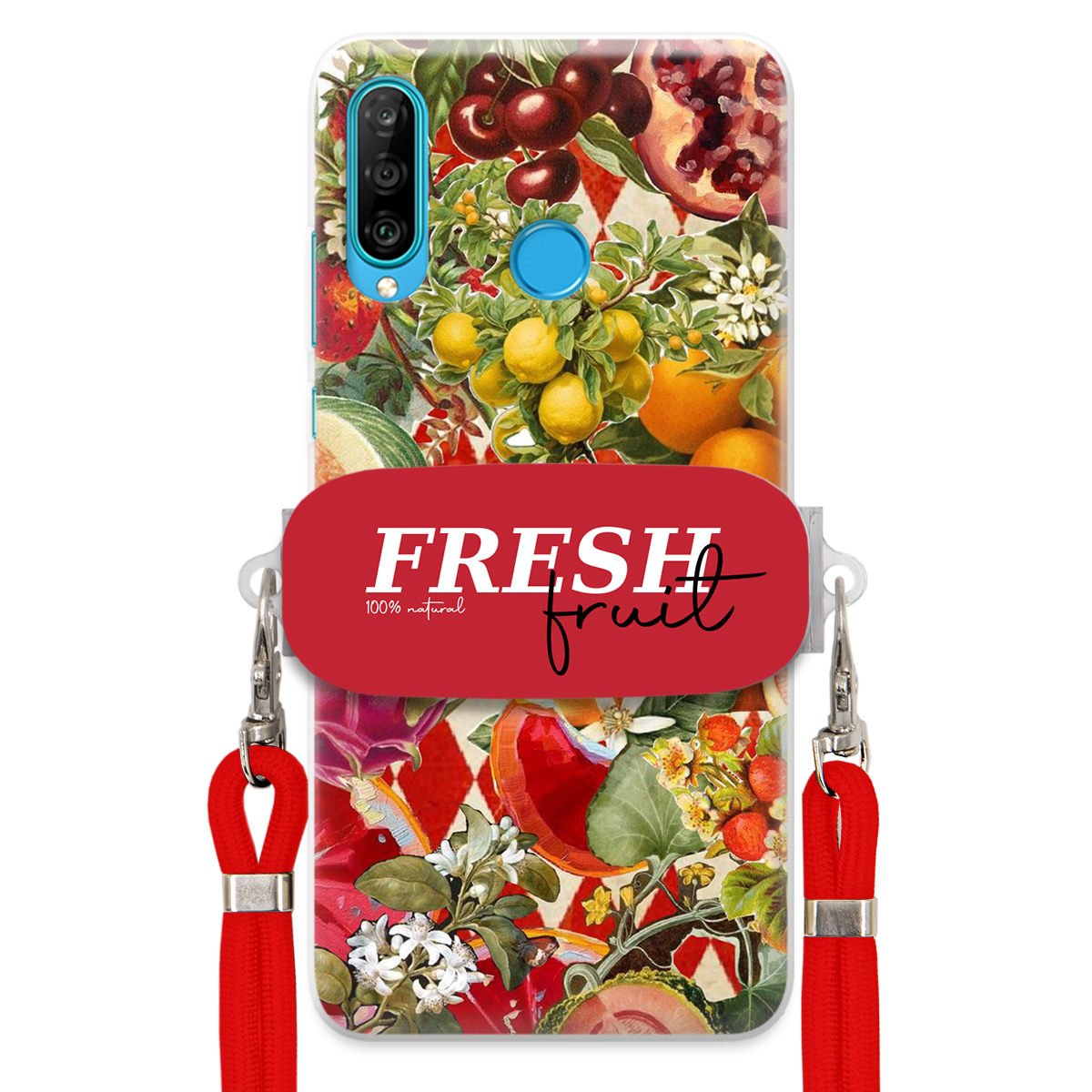 Puzdro pre Huawei P30 Lite Červené Crossbody vodítko držiak Fresh Fruit Ovocie