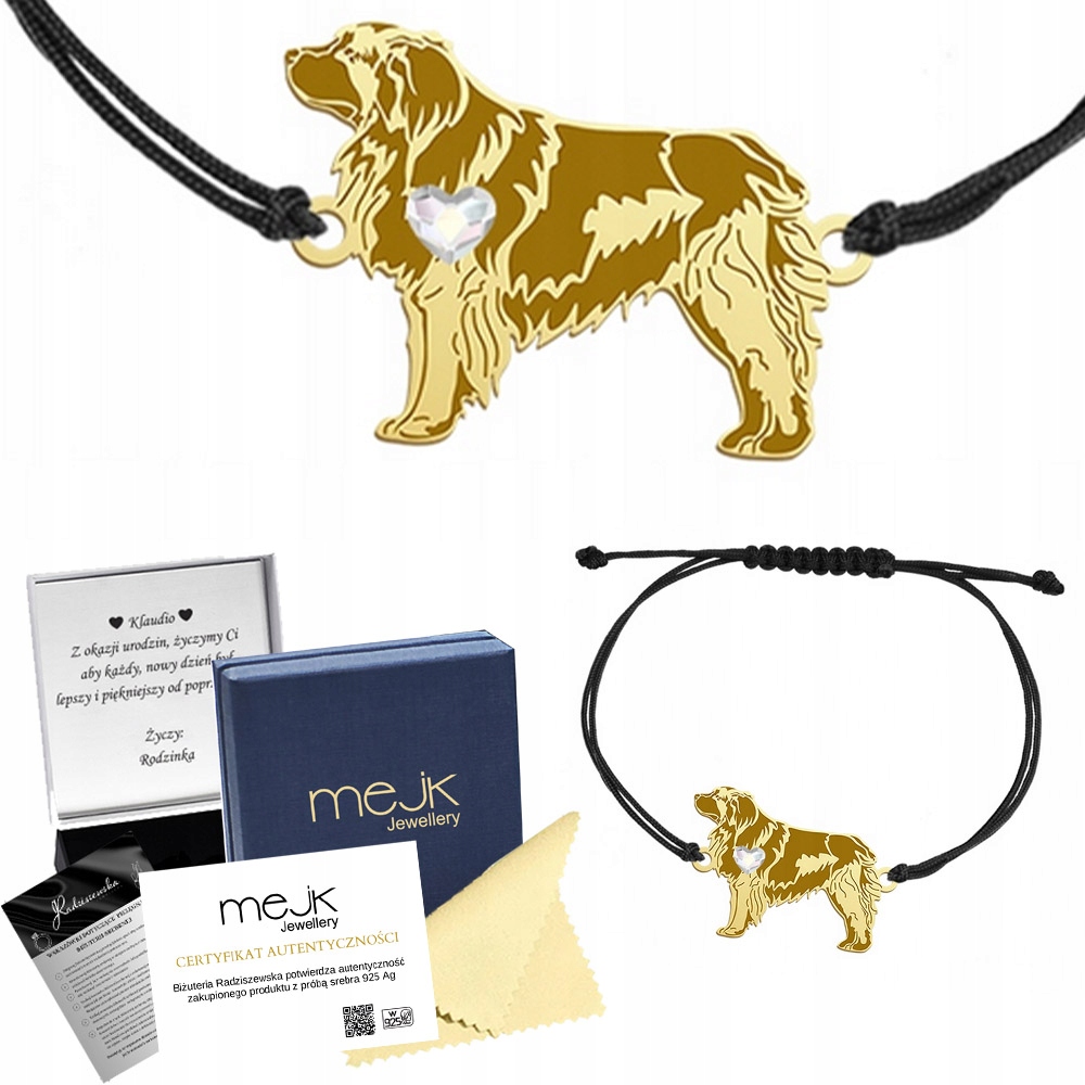 Zlatý náramek se psem Leonberger 925 provázek Šperky Gravírování Bonus