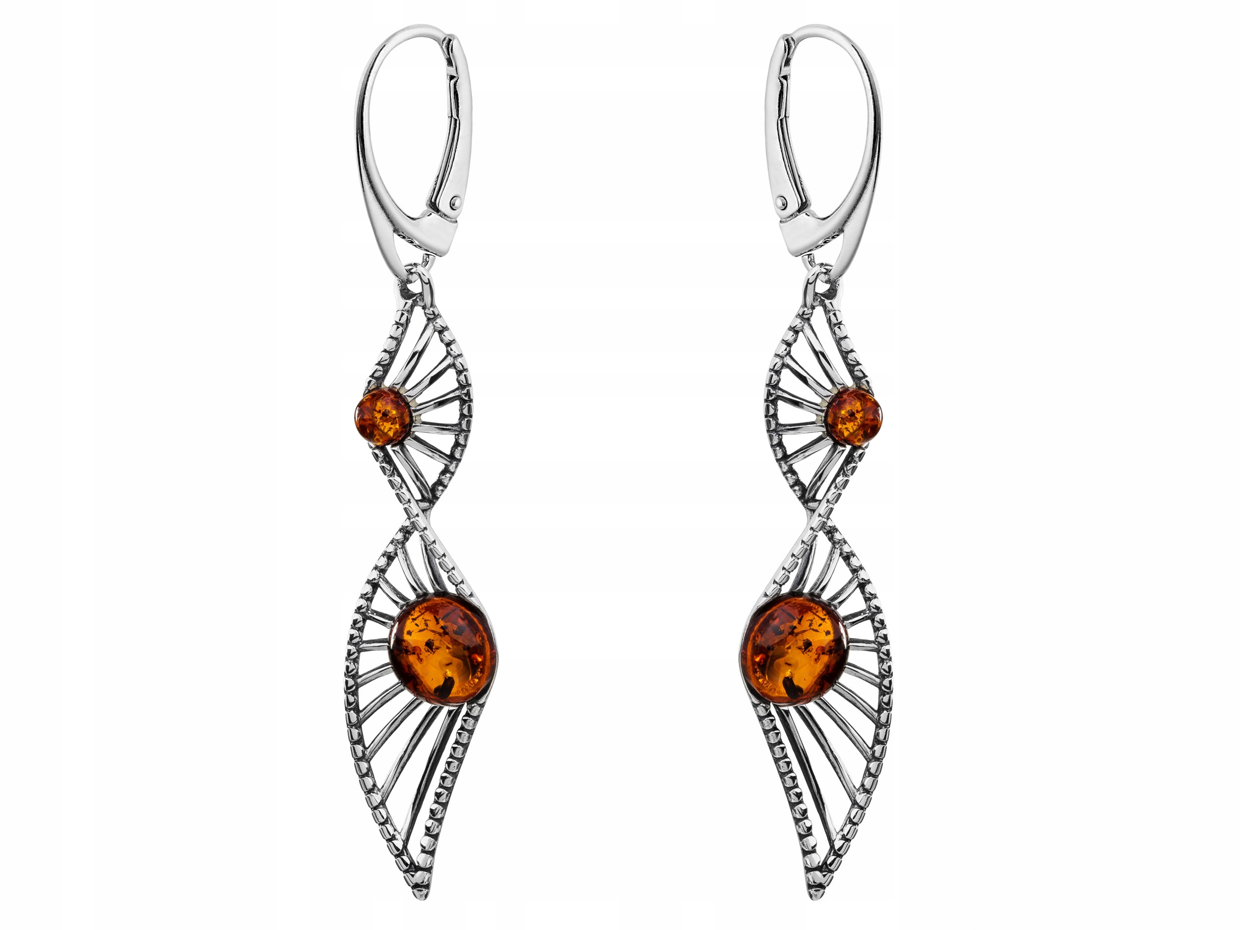 Stříbrné Náušnice Visací Dlouhé Spirály s Jantarem Anglické Zapínání