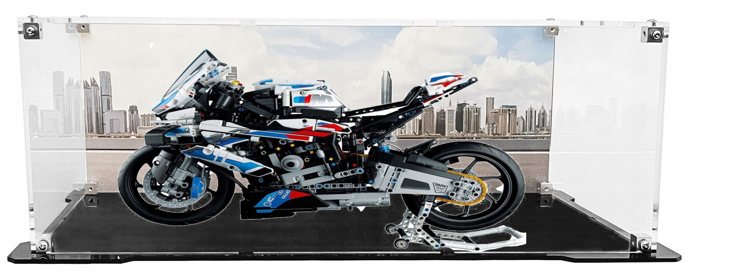 Vitrína s černou základnou a pozadím pro sadu Lego 42130 Technic Bmw M 1000