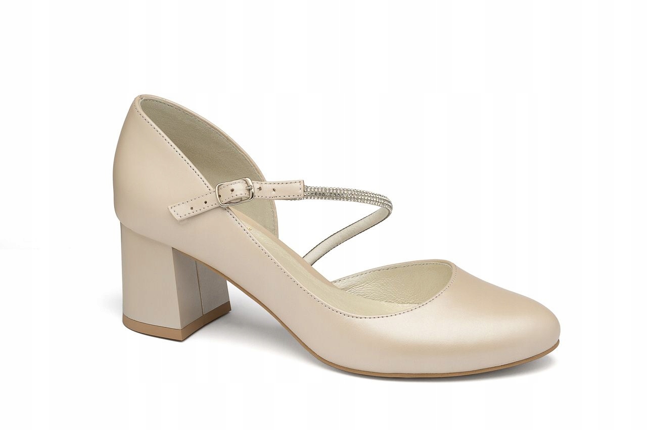 Boty svatební kožené pásek s flitry, nízké, béžové, velikost 36