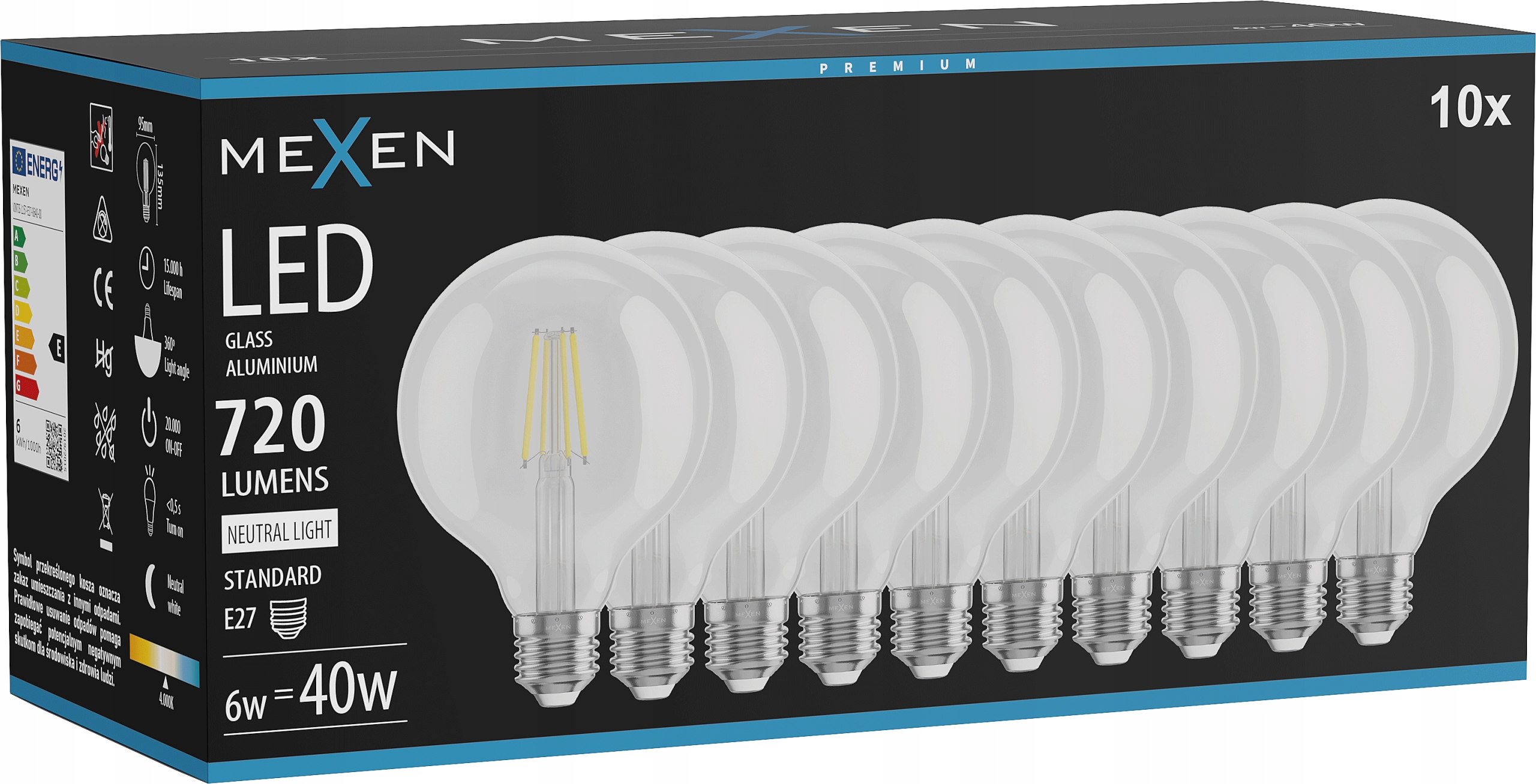 Mexen Vintis 10X Led Filamentová Žárovka E27 G95 6W 4000K 720 LM Čirá