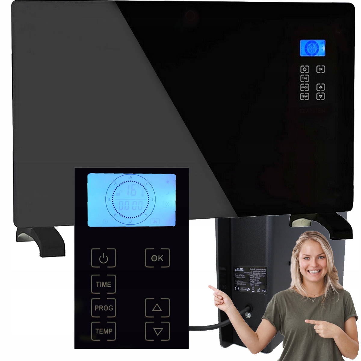 Elektryczny Grzejnik Płaski Panel Szklany Przenośny Ścienny Konwektor 2000W