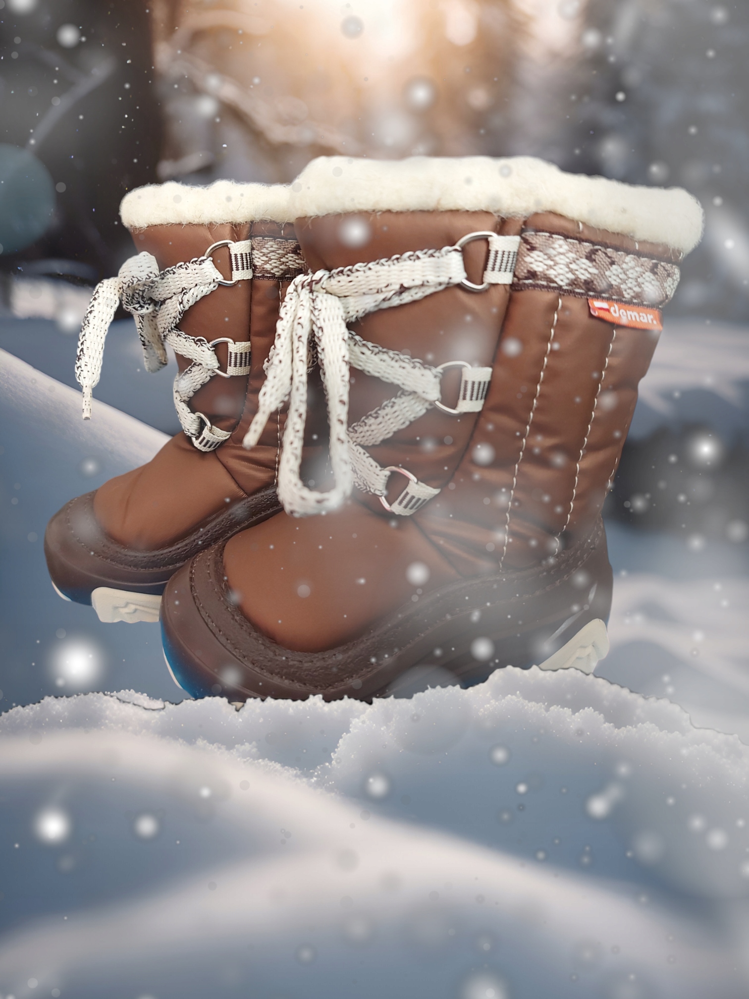 POLSKIE ŚNIEGOWCE DEMAR, OCIEPLANE OWCZA WEŁNA model JOY BRĄZ rozm.28/29 Kolor brązowy