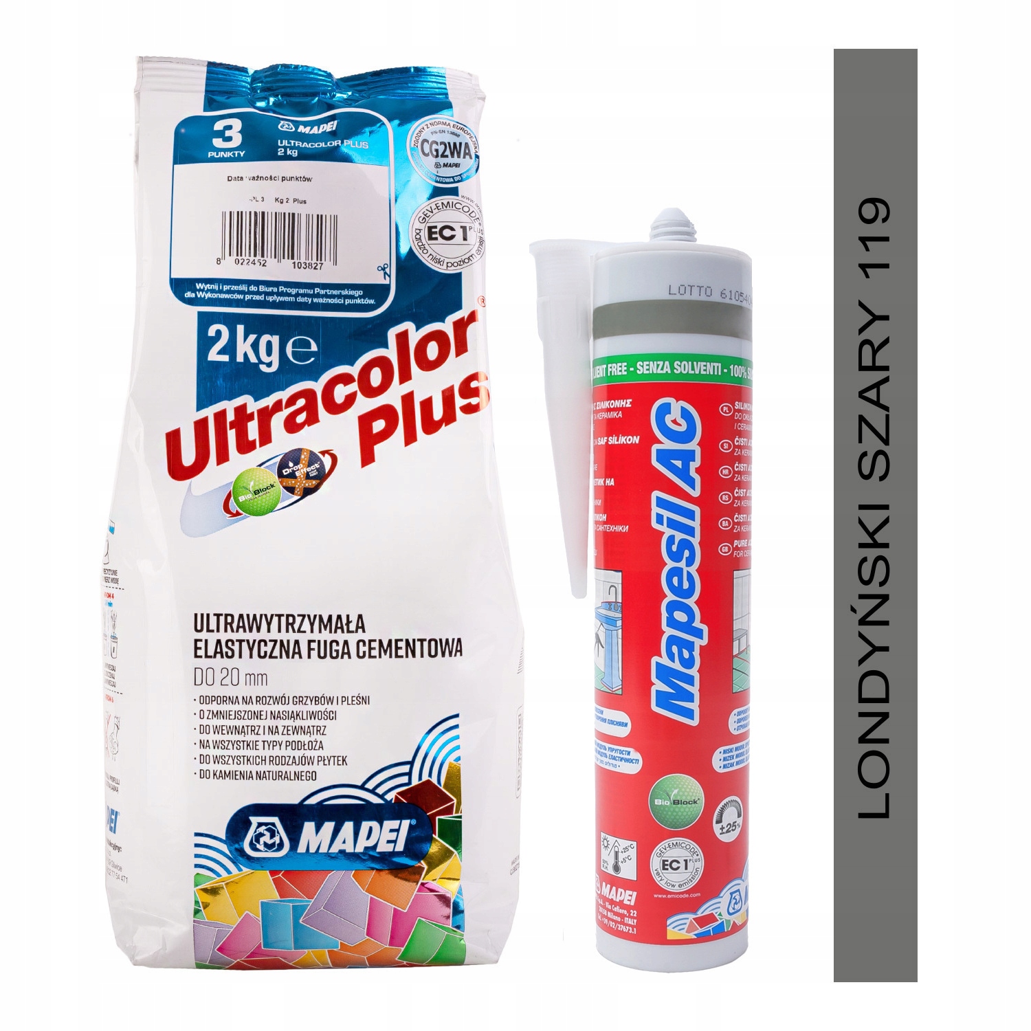 

Fuga Mapei Ultracolor 2 kg+SILIKON londy szary 119
