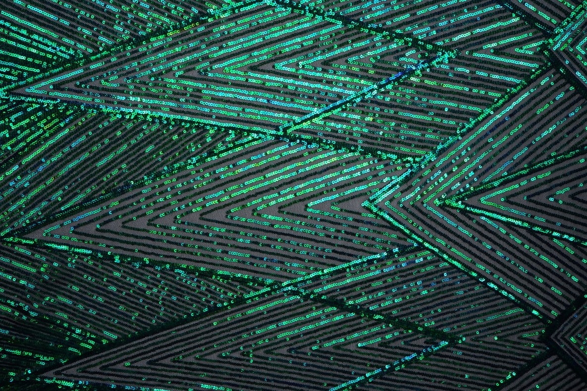 Látka S Flitry Zelený Vzor Trojúhelníky Na Síťce Holo