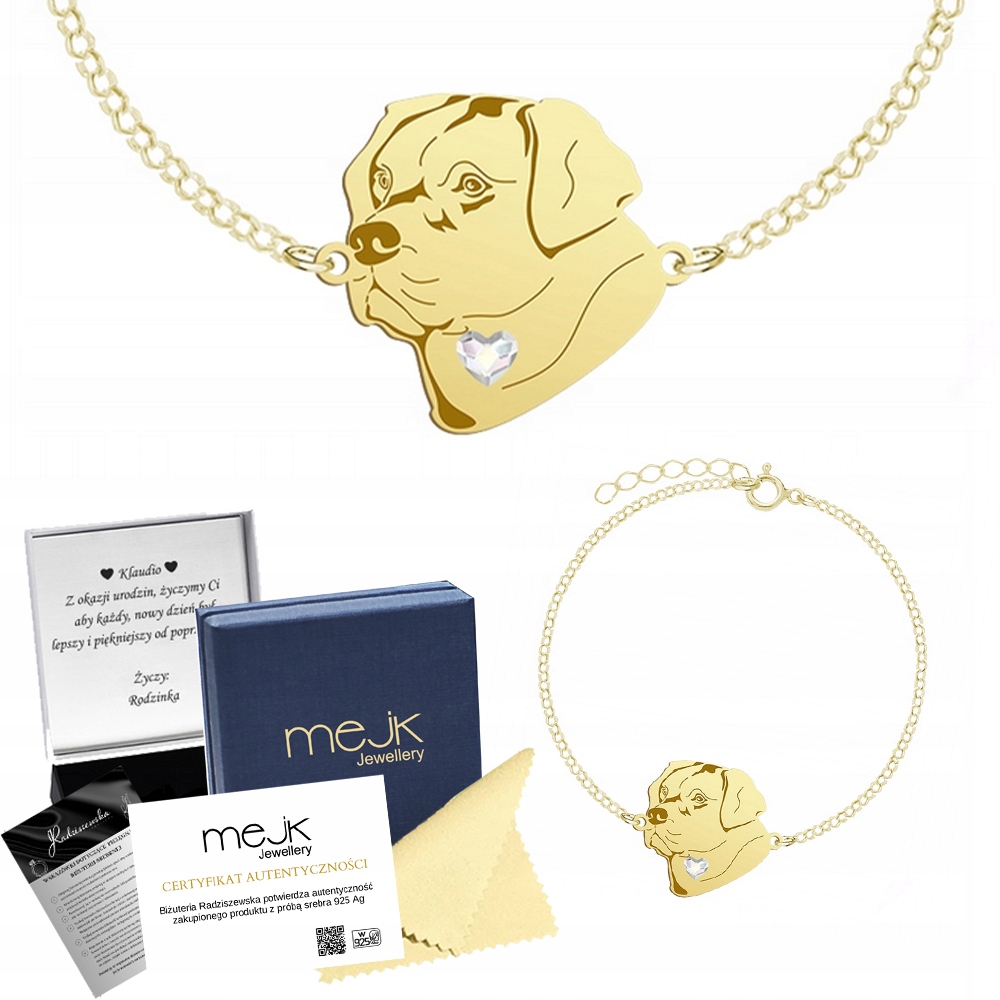 Zlatý náramek s labradorským retrívrem 925 Řetízek Dárek Gravírování Bonus