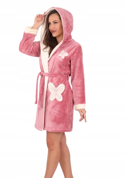 Růžový Župan S Kapucí, Kapsy Ve Tvaru Motýlů, Teplý Župan