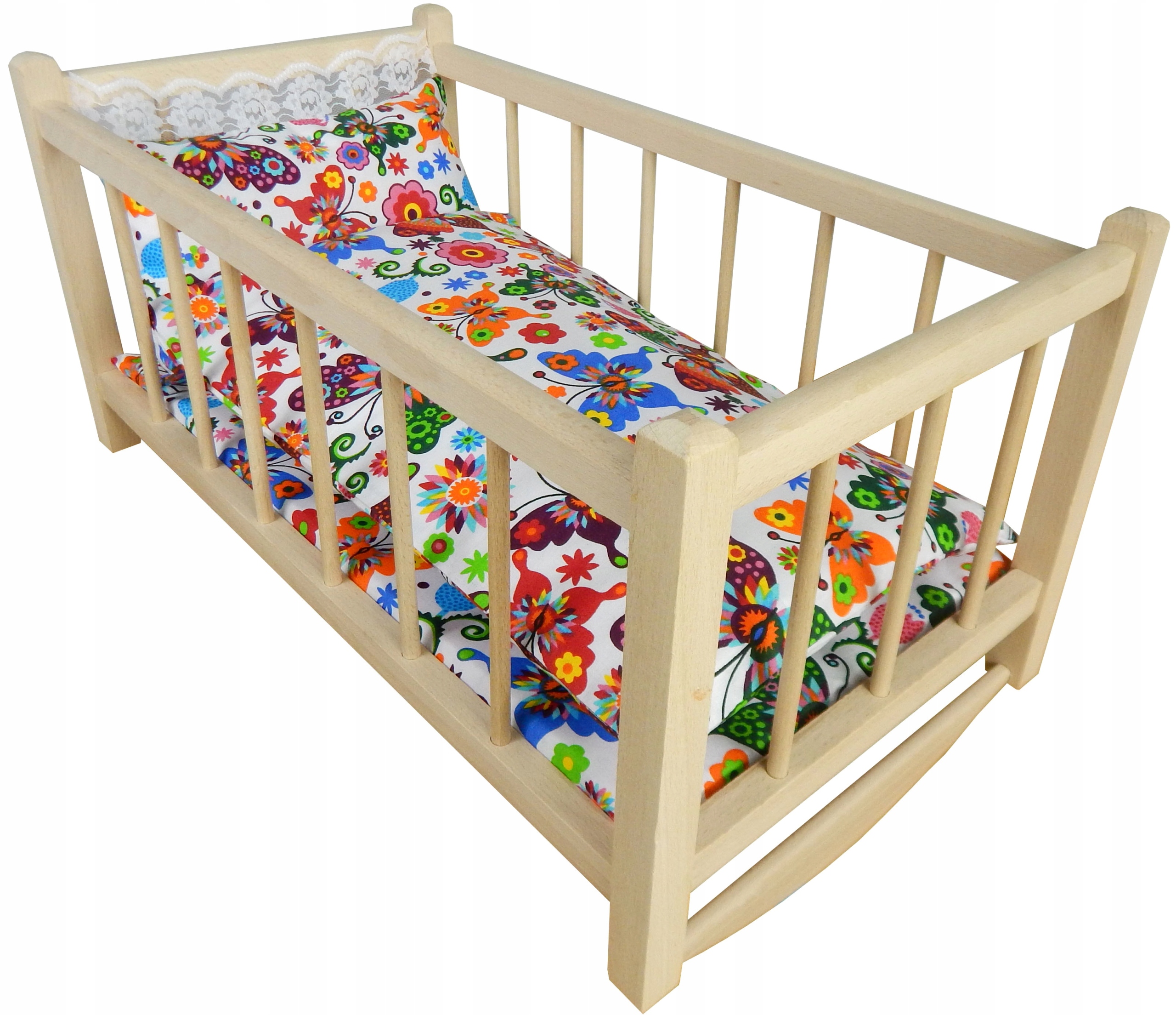 DREWNIANE ŁÓŻECZKO dla LALEK kołyska dla LALKI + pościel 3 elementy POLSKA