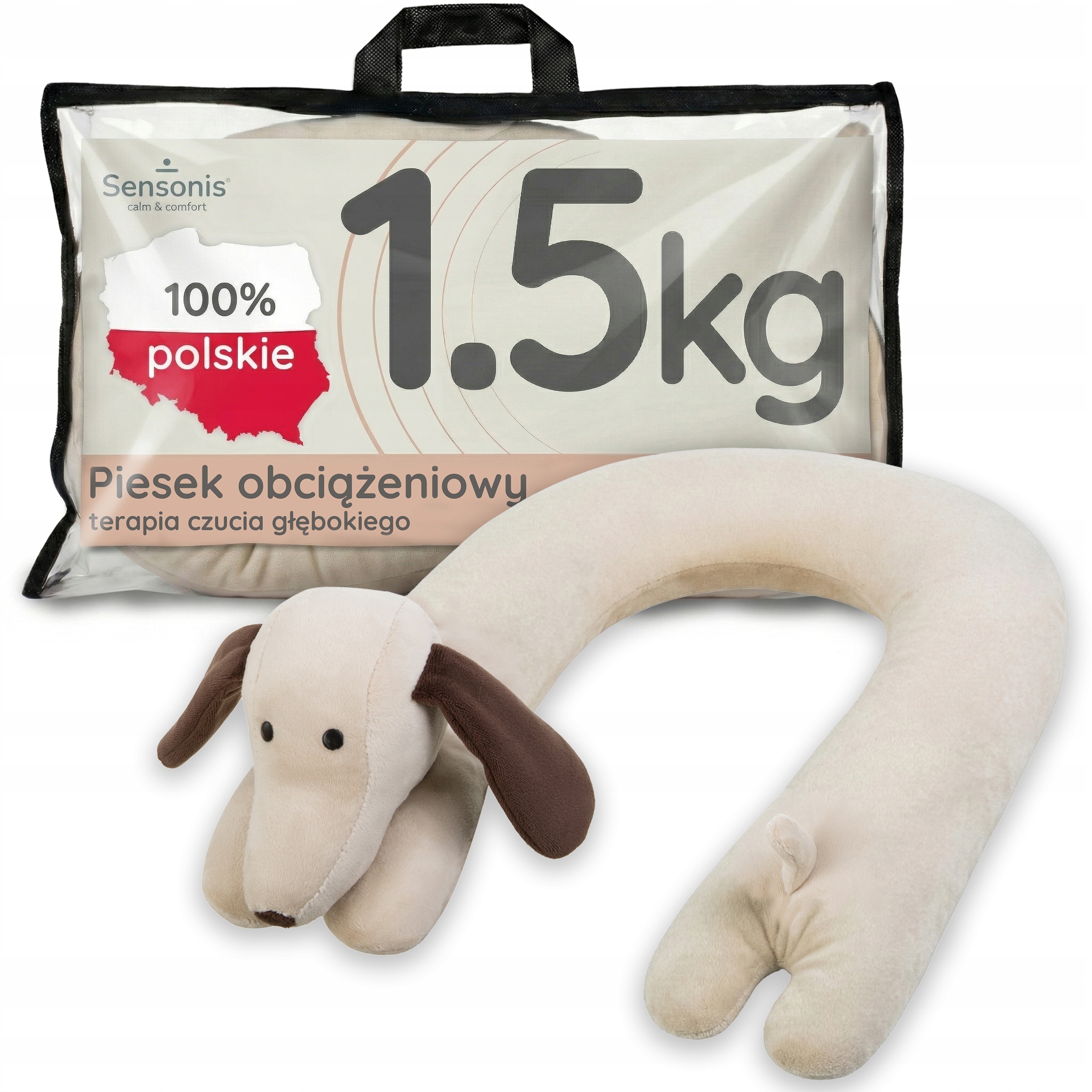 Maskotka obciążeniowa 1,5kg regul. pluszak Pies jamnik kołnierz adhd Polski