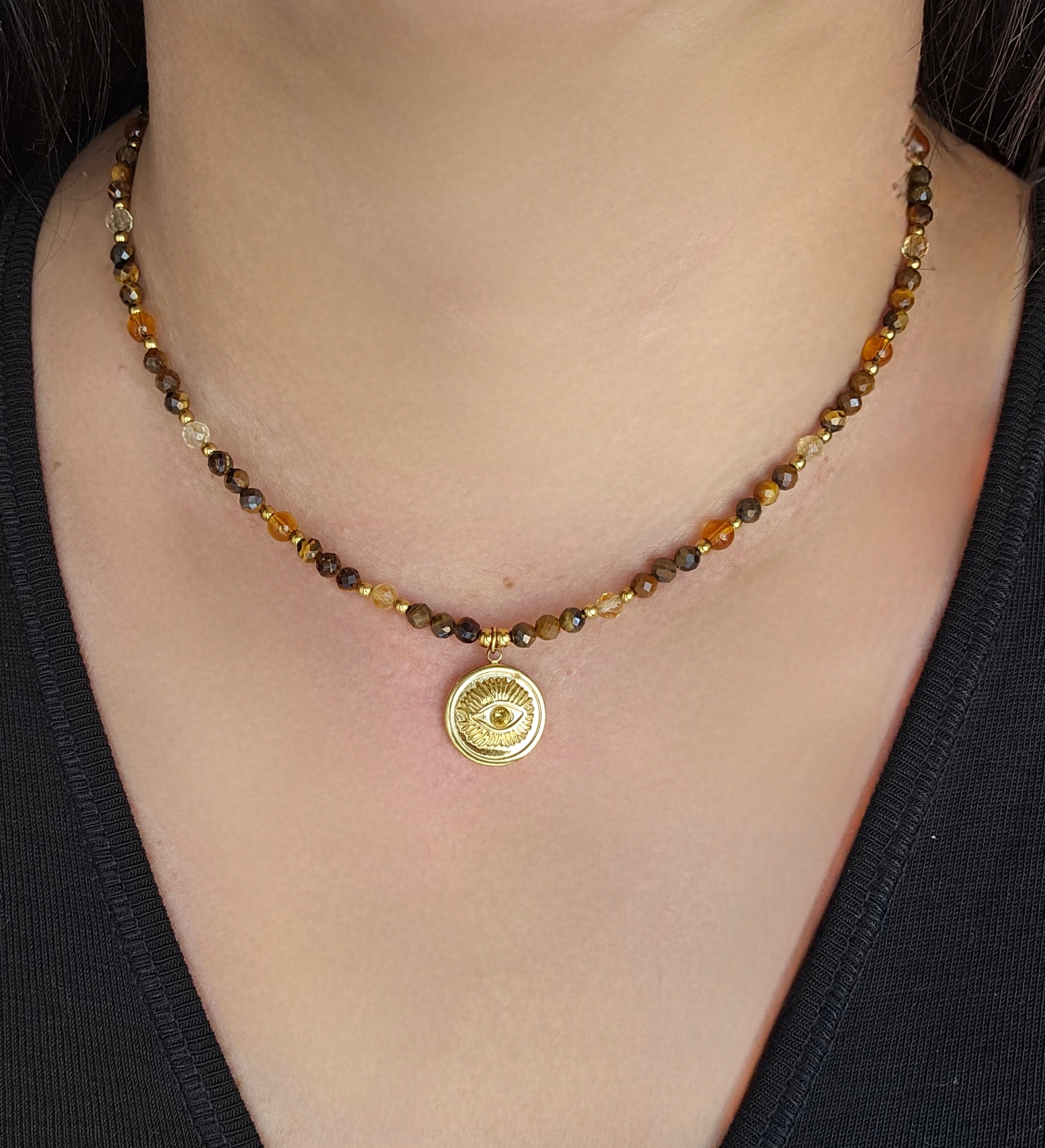 Naszyjnik Ażurowy Tygrysie Oko Bursztyn Cytryn